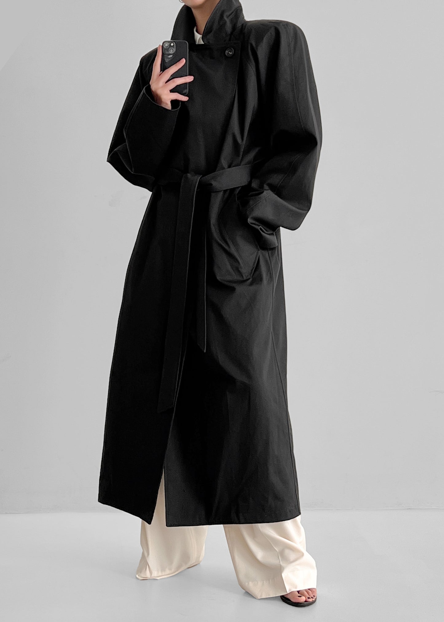 Marisol Box Shoulder Trench - Black