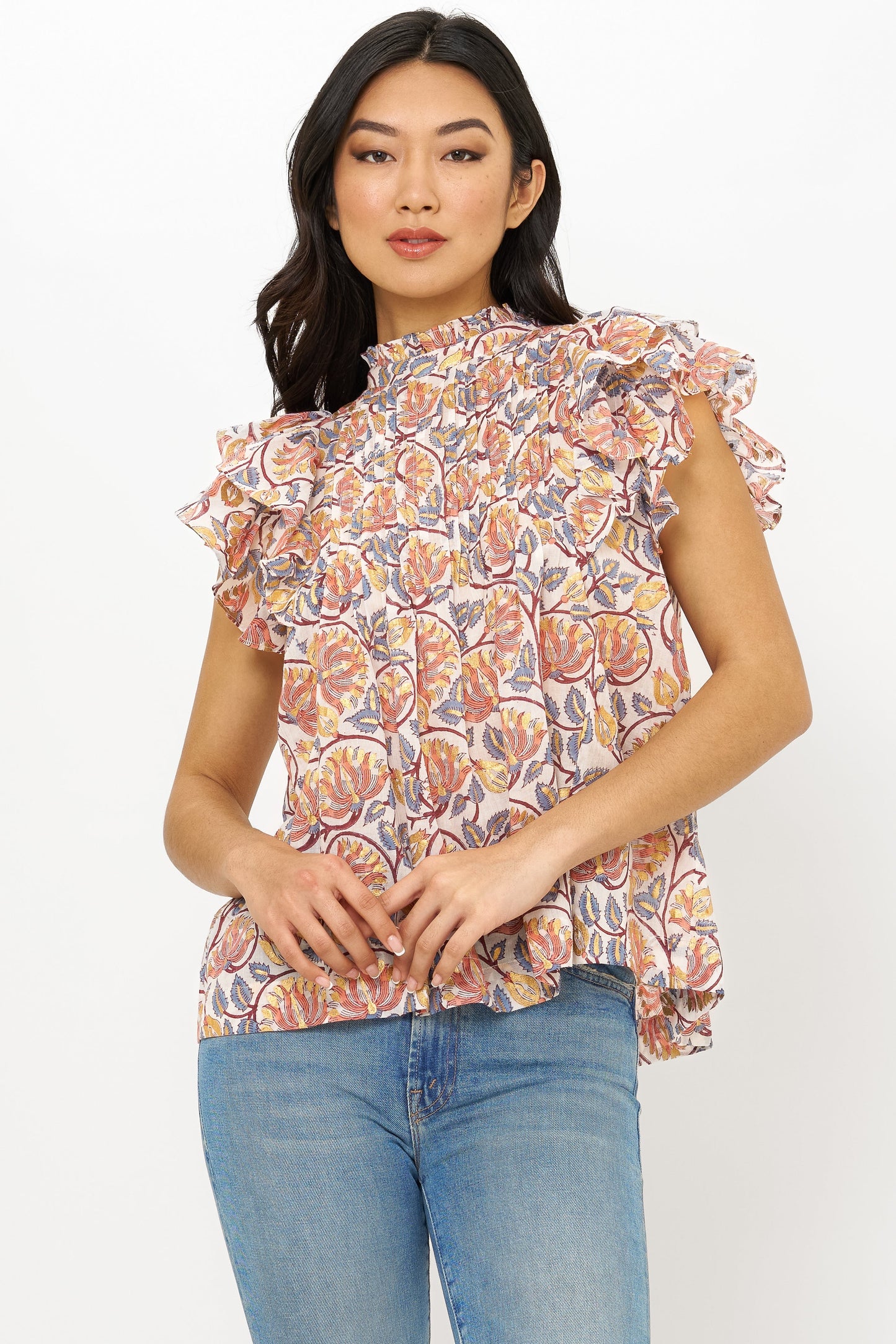 Pintuck Ruffle Top- Montenegro Coral