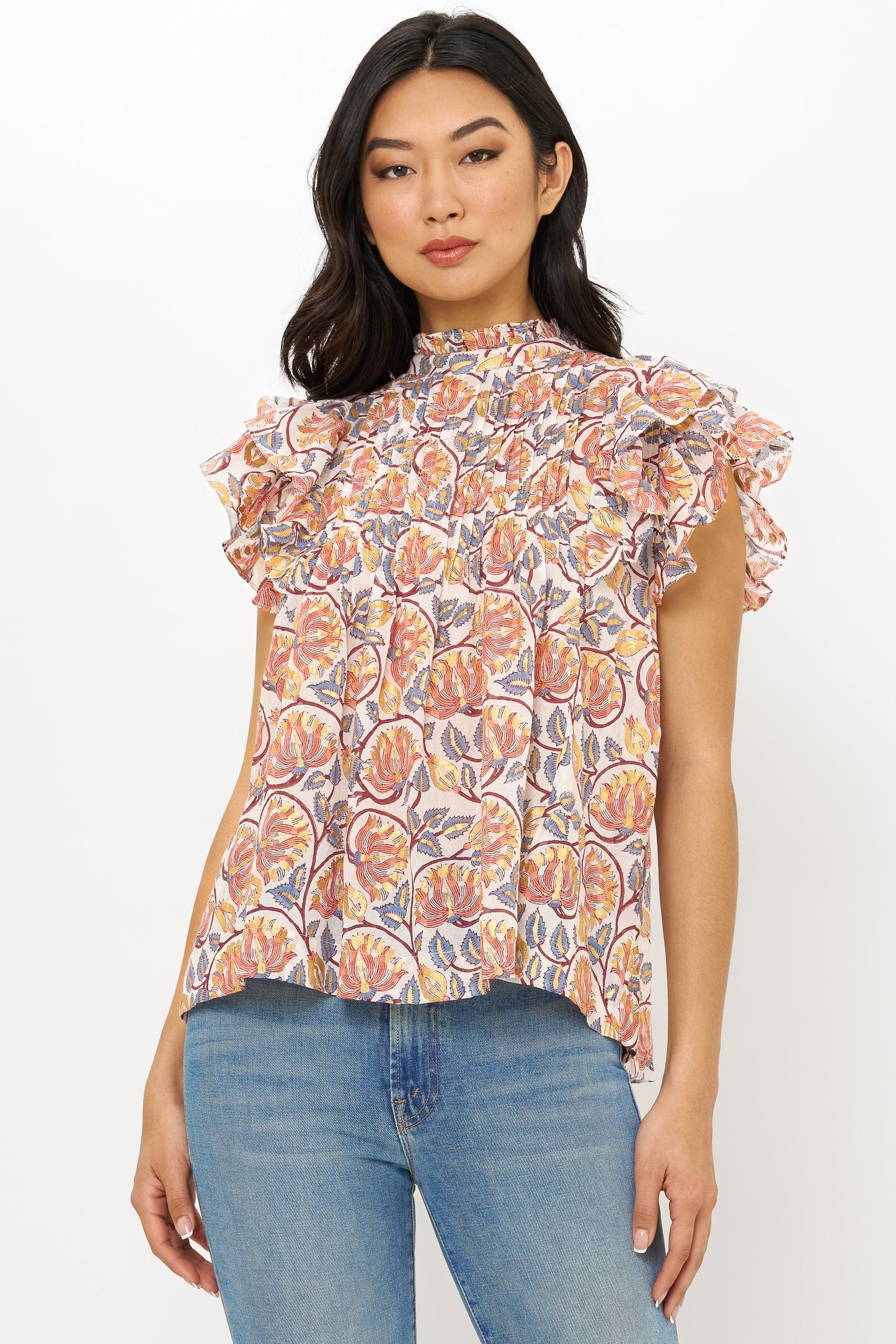 Pintuck Ruffle Top- Montenegro Coral