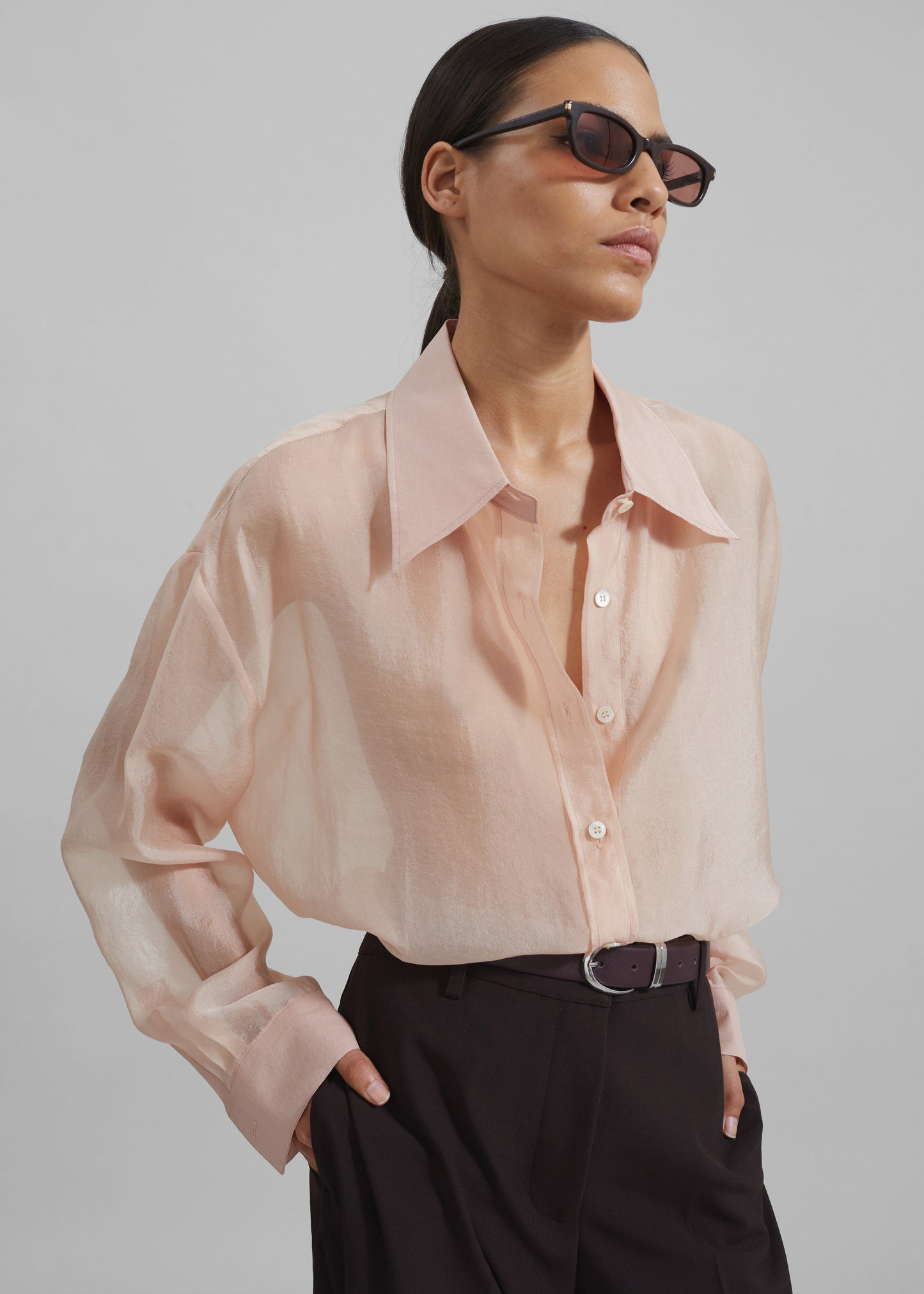 Nel Sheer Button Up Shirt - Pink