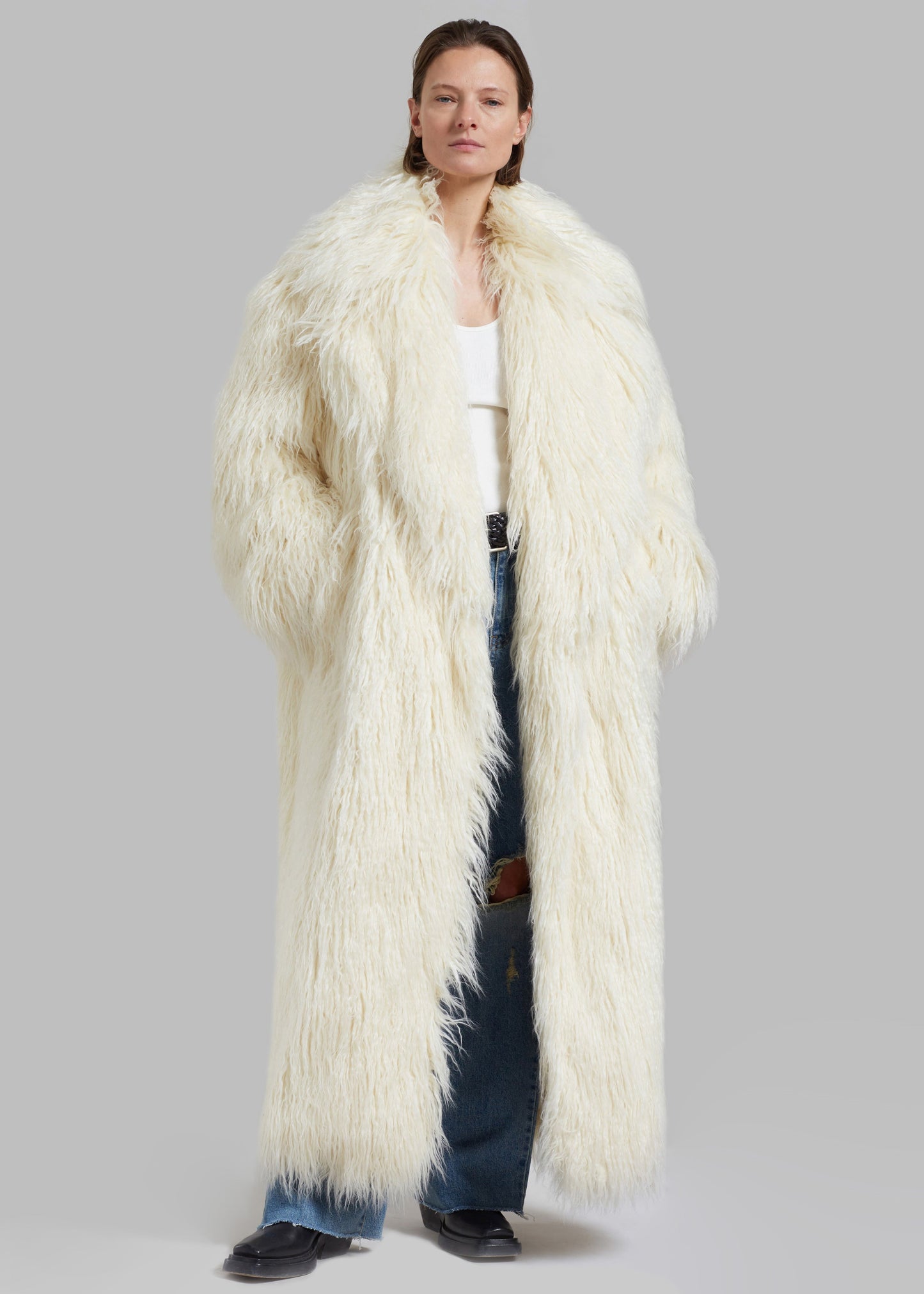 Nicole Long Faux Fur Coat - Off White