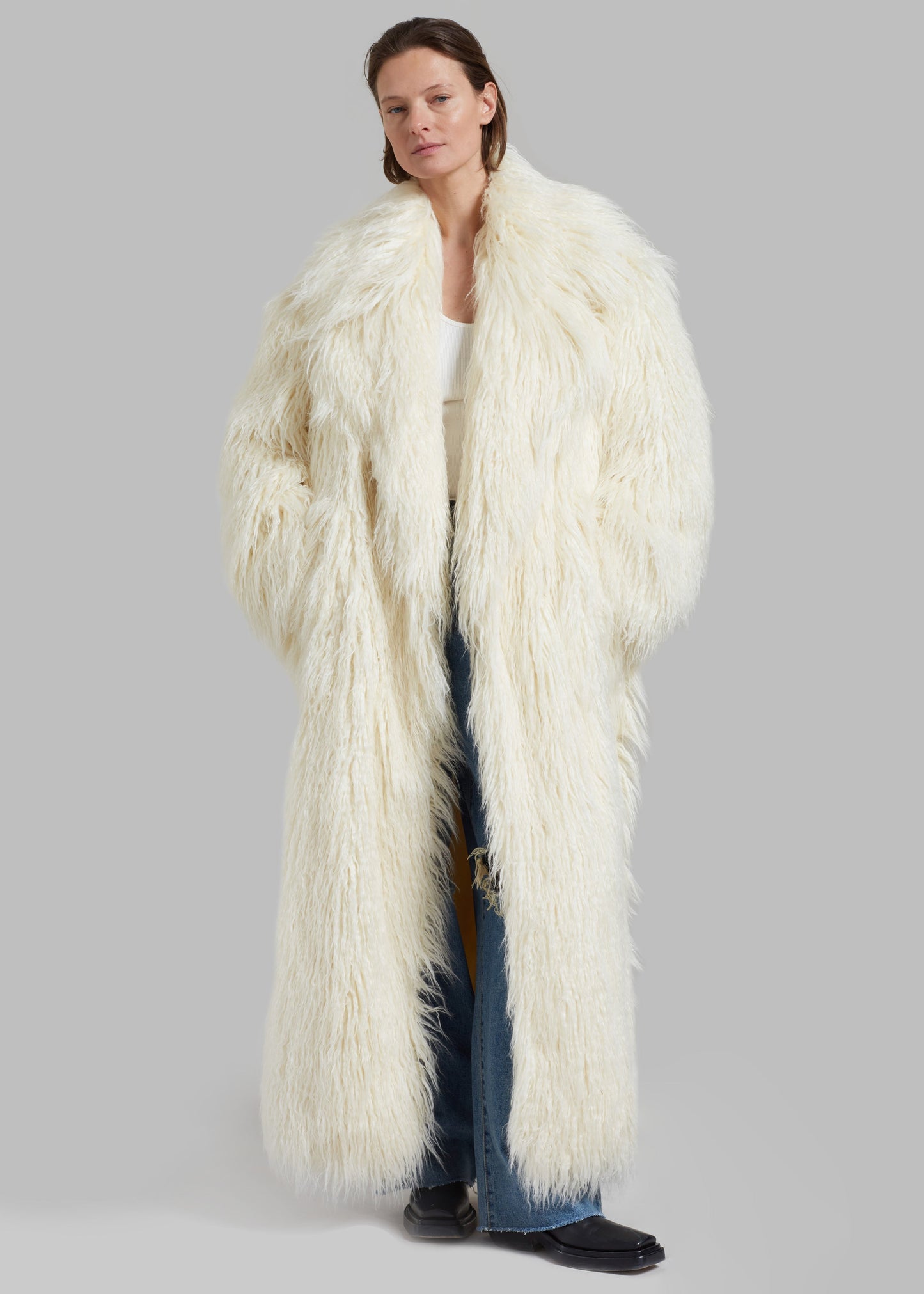 Nicole Long Faux Fur Coat - Off White