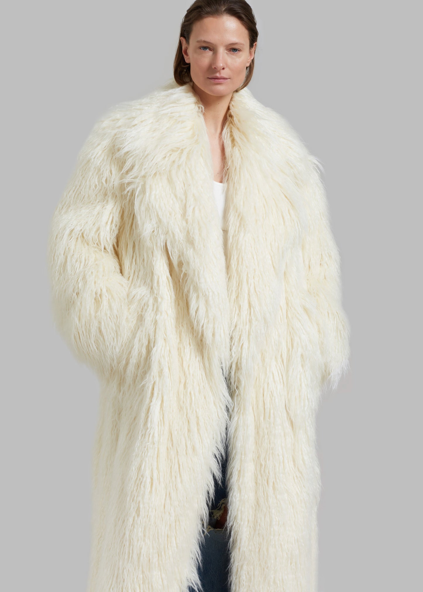 Nicole Long Faux Fur Coat - Off White