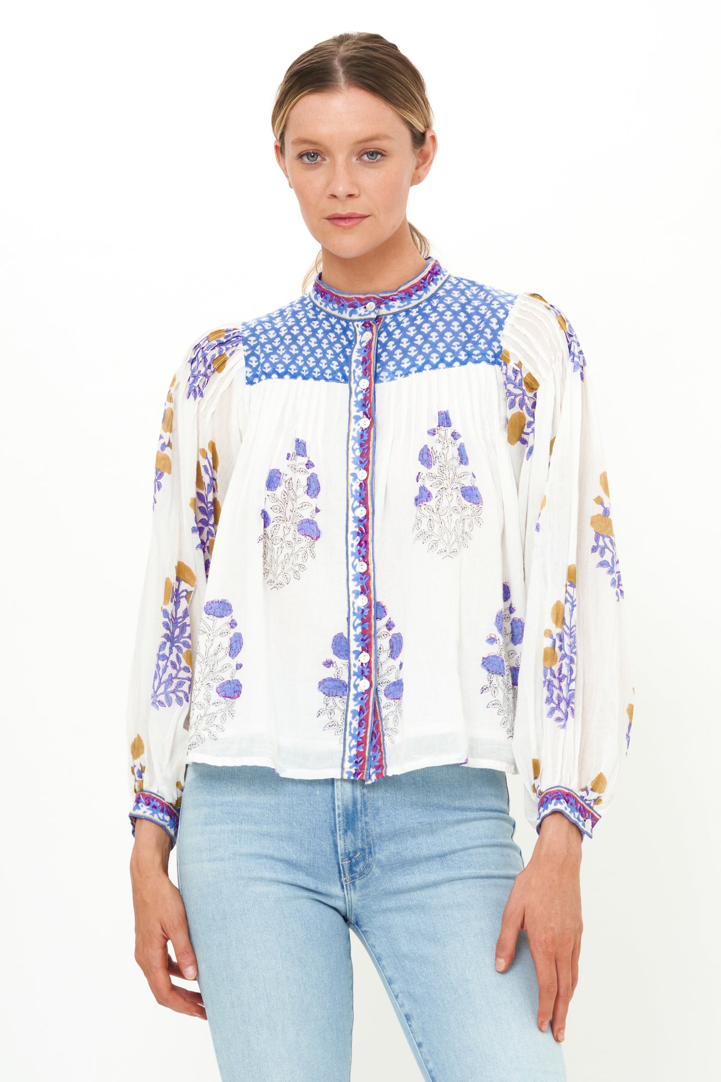 Mandarin Pintuck Blouse- Napa Blue