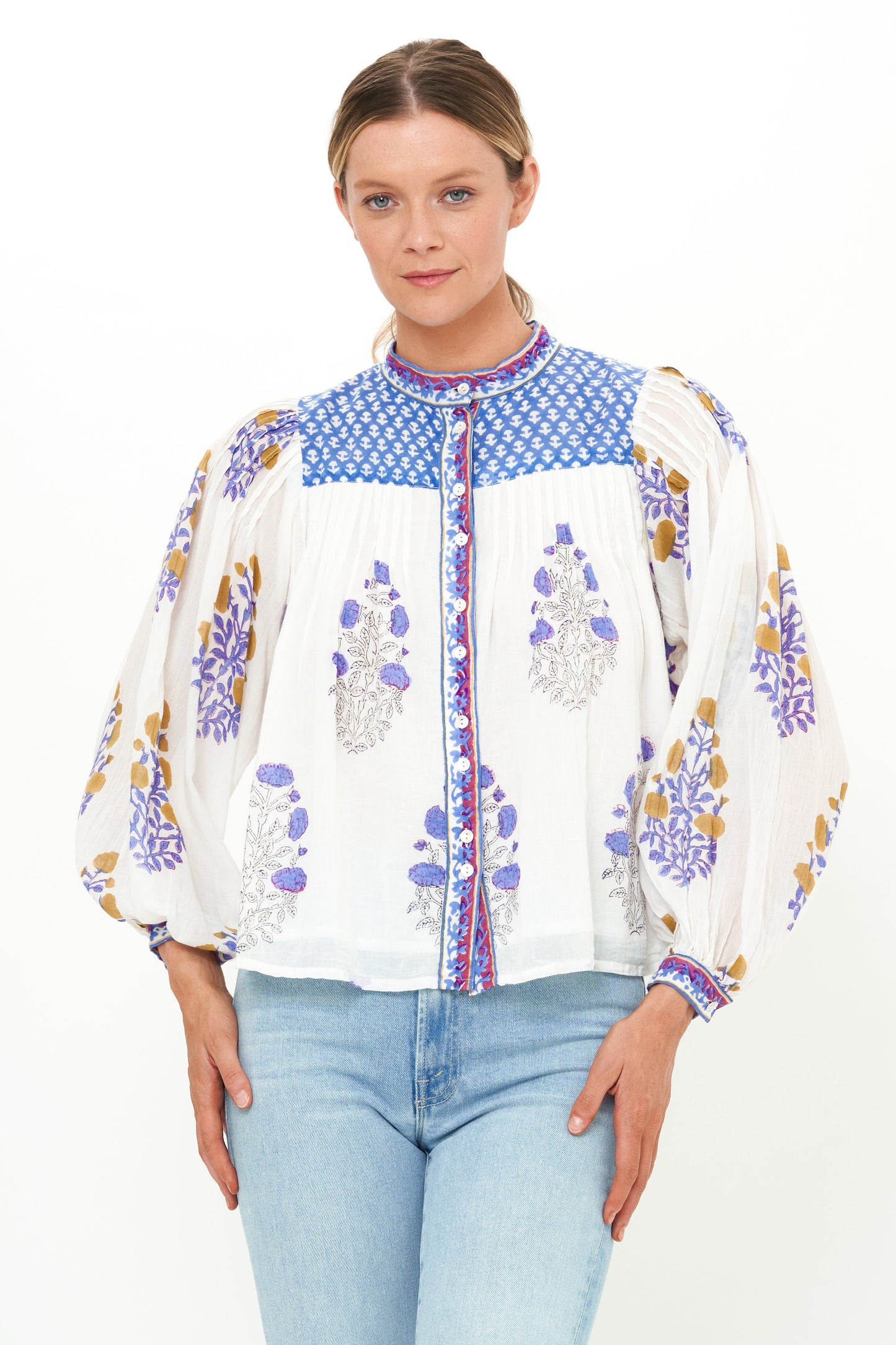 Mandarin Pintuck Blouse- Napa Blue