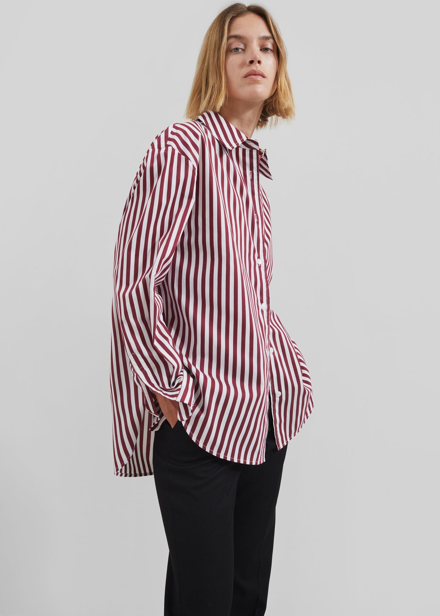 Peri Striped Poplin Shirt - Burgundy/White