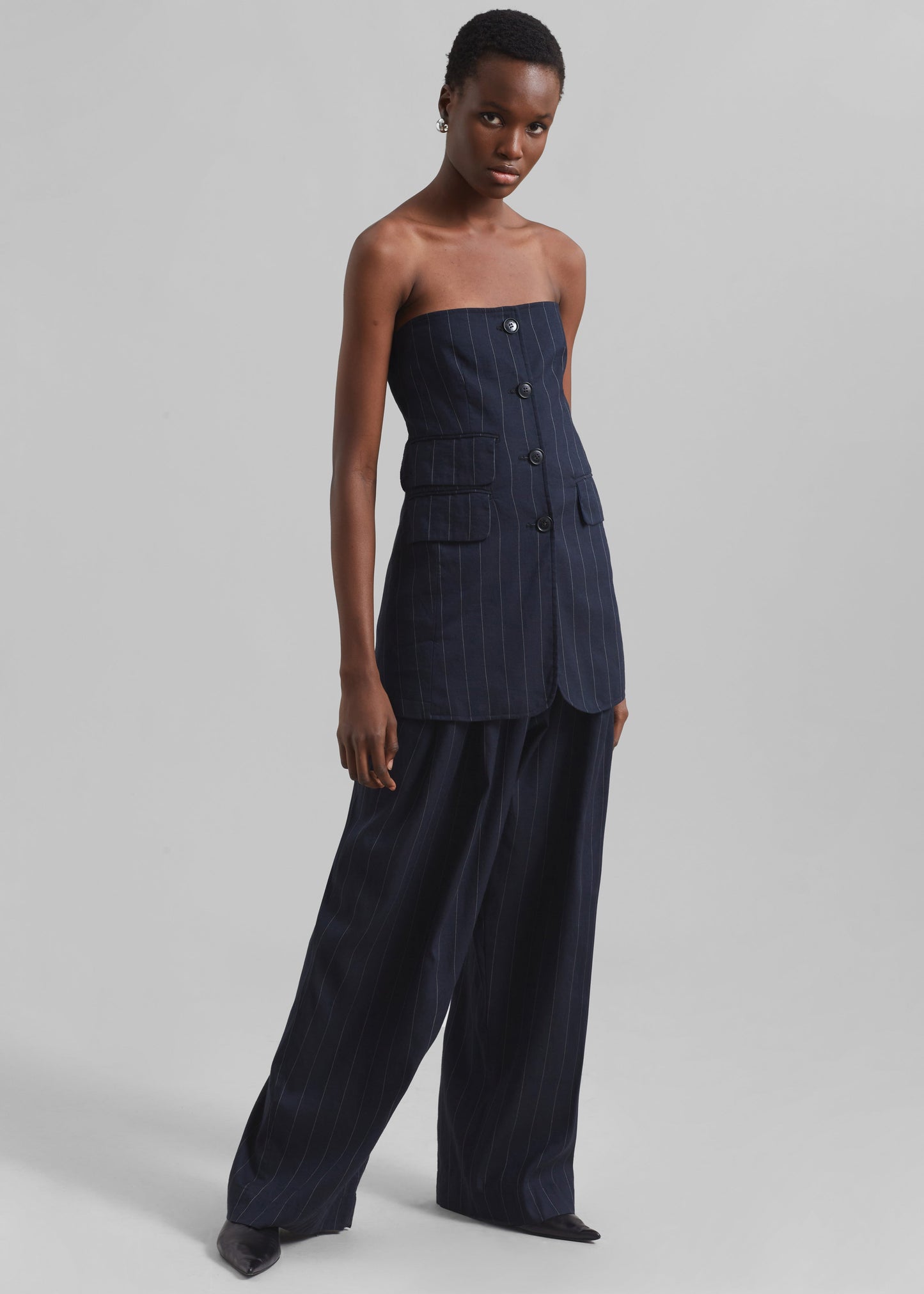 Piper Pleated Trousers - Navy/Beige Pinstripe