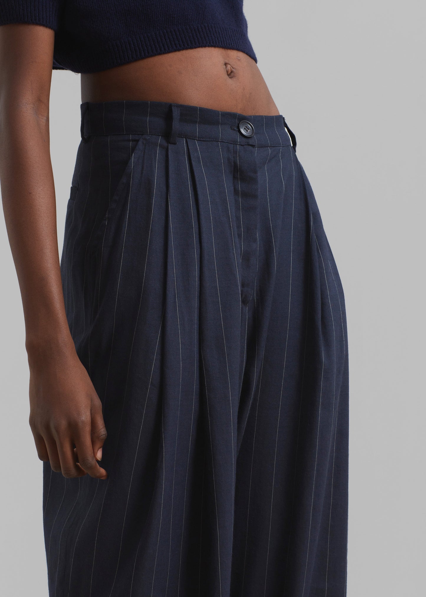 Piper Pleated Trousers - Navy/Beige Pinstripe