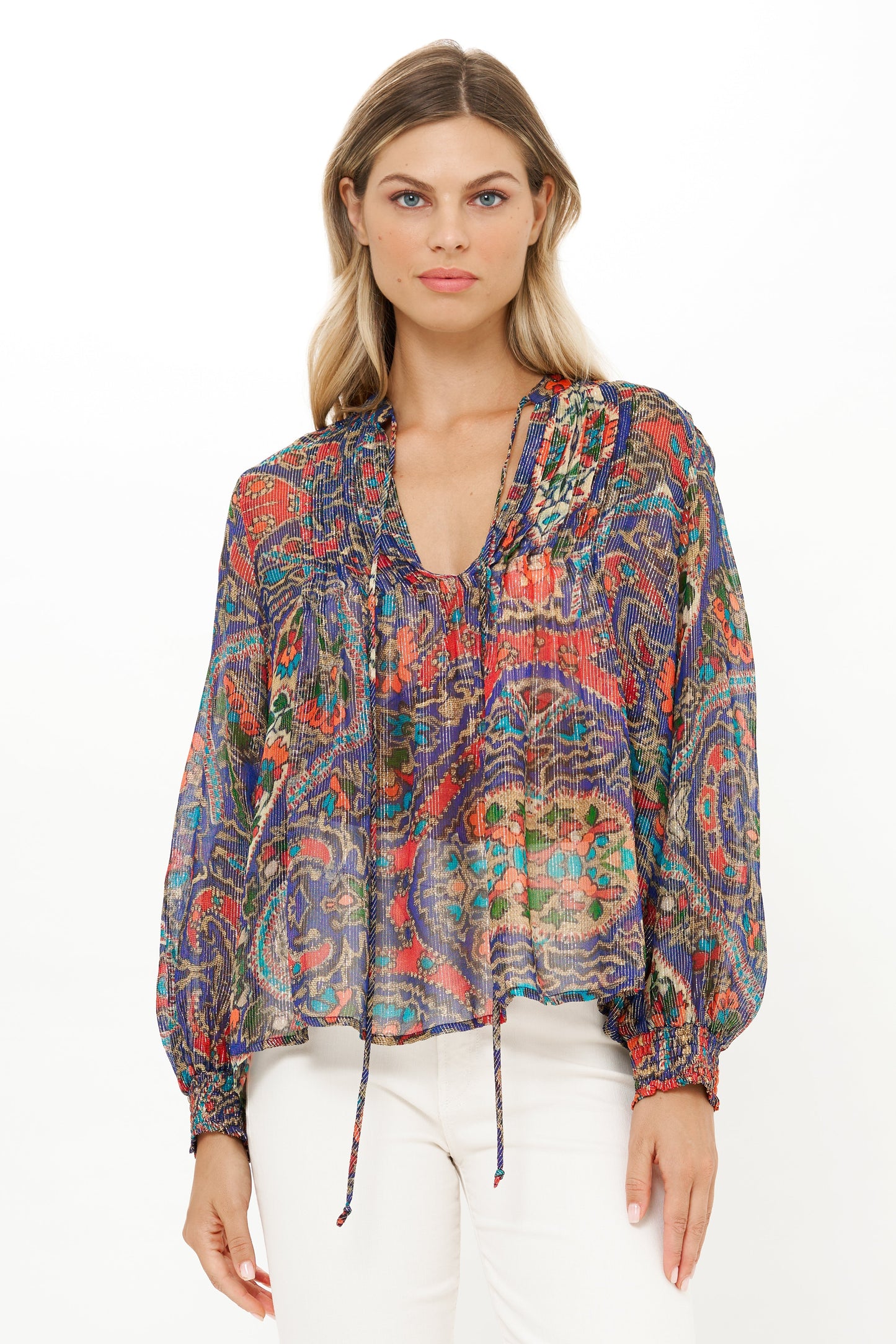 V-Neck Pintuck Blouse- Persia Cobalt