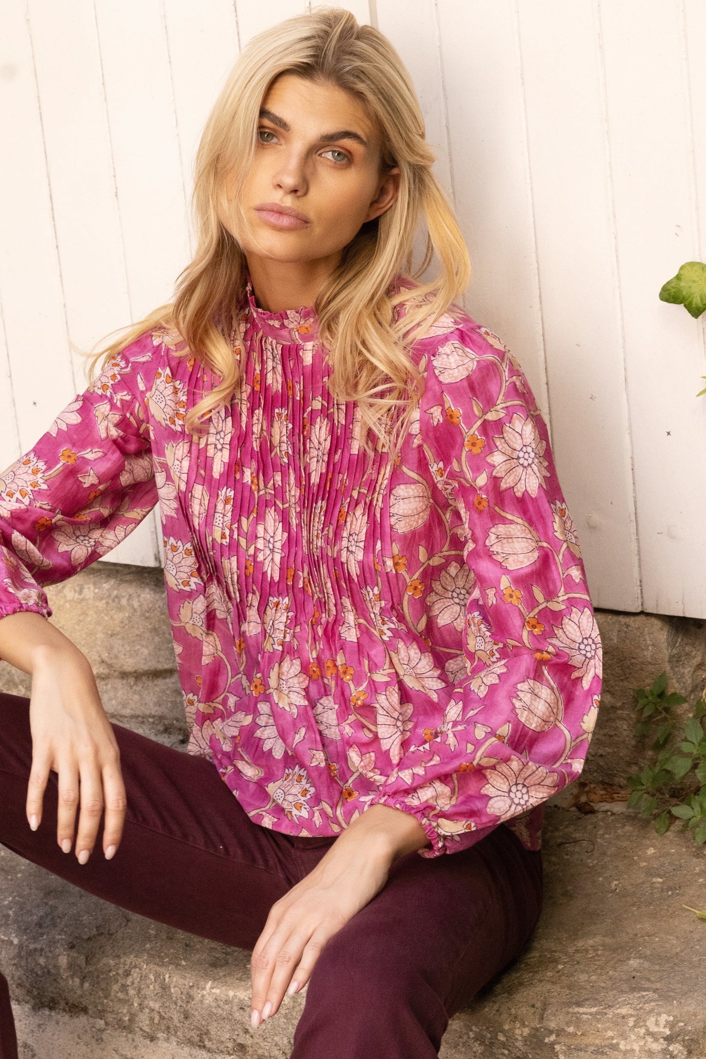 Long Sleeve Pintuck Blouse- Presidio Magenta