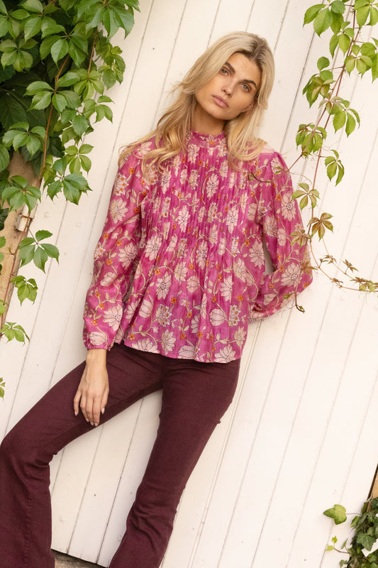 Long Sleeve Pintuck Blouse- Presidio Magenta