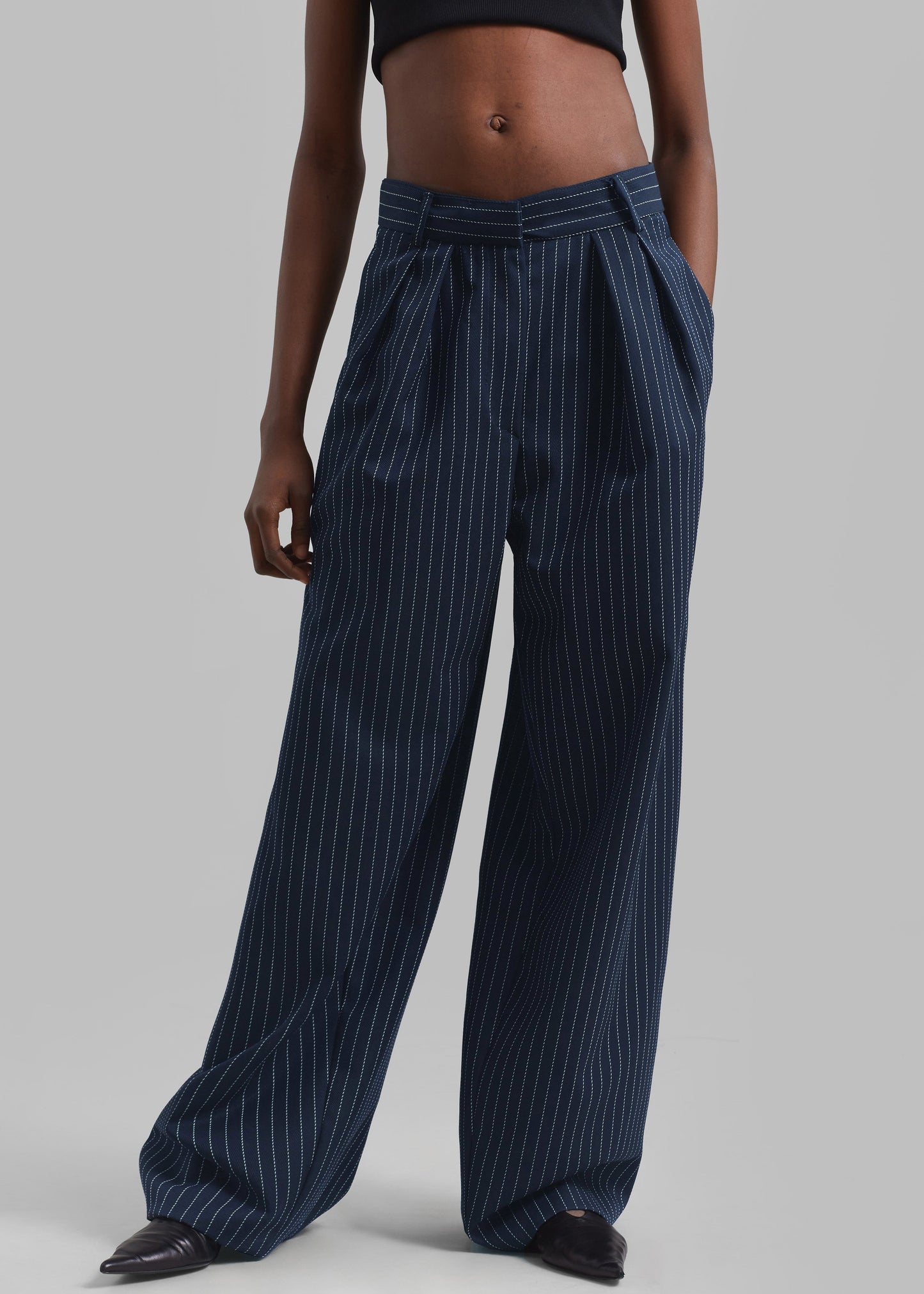 Ripley Pleated Twill Trousers - Navy/White Pinstripe