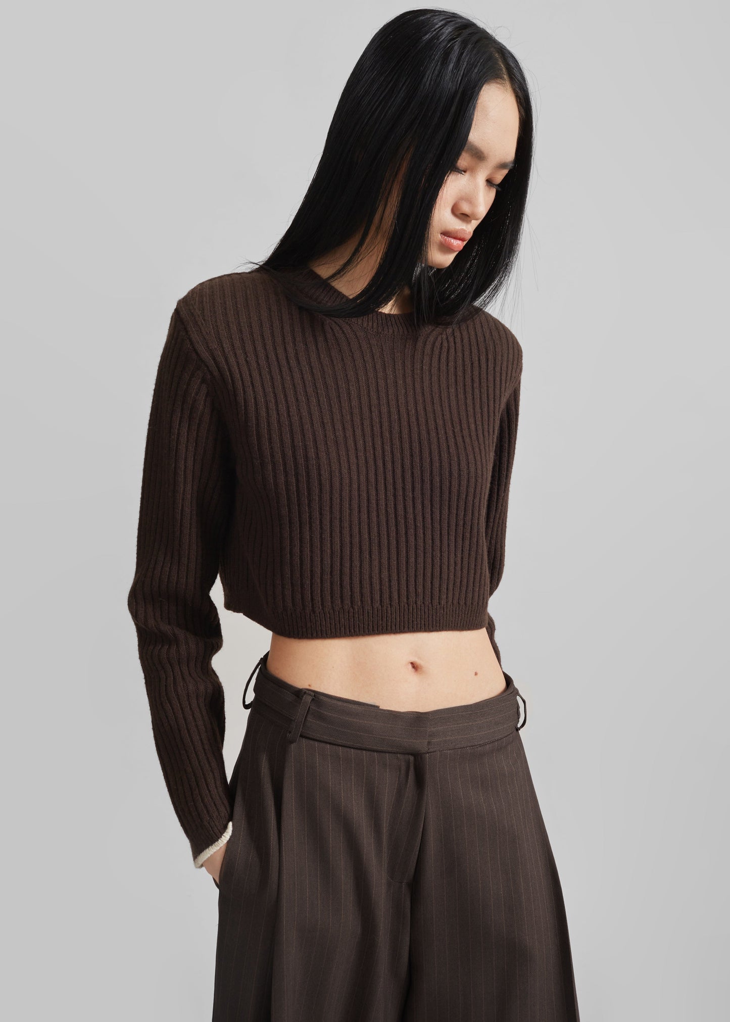 Ritsem Cropped Ribbed Wool Sweater - Dark Brown