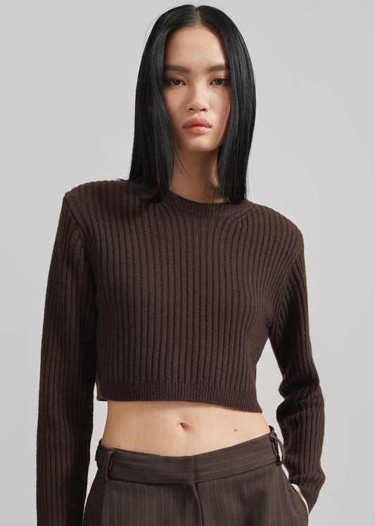 Ritsem Cropped Ribbed Wool Sweater - Dark Brown