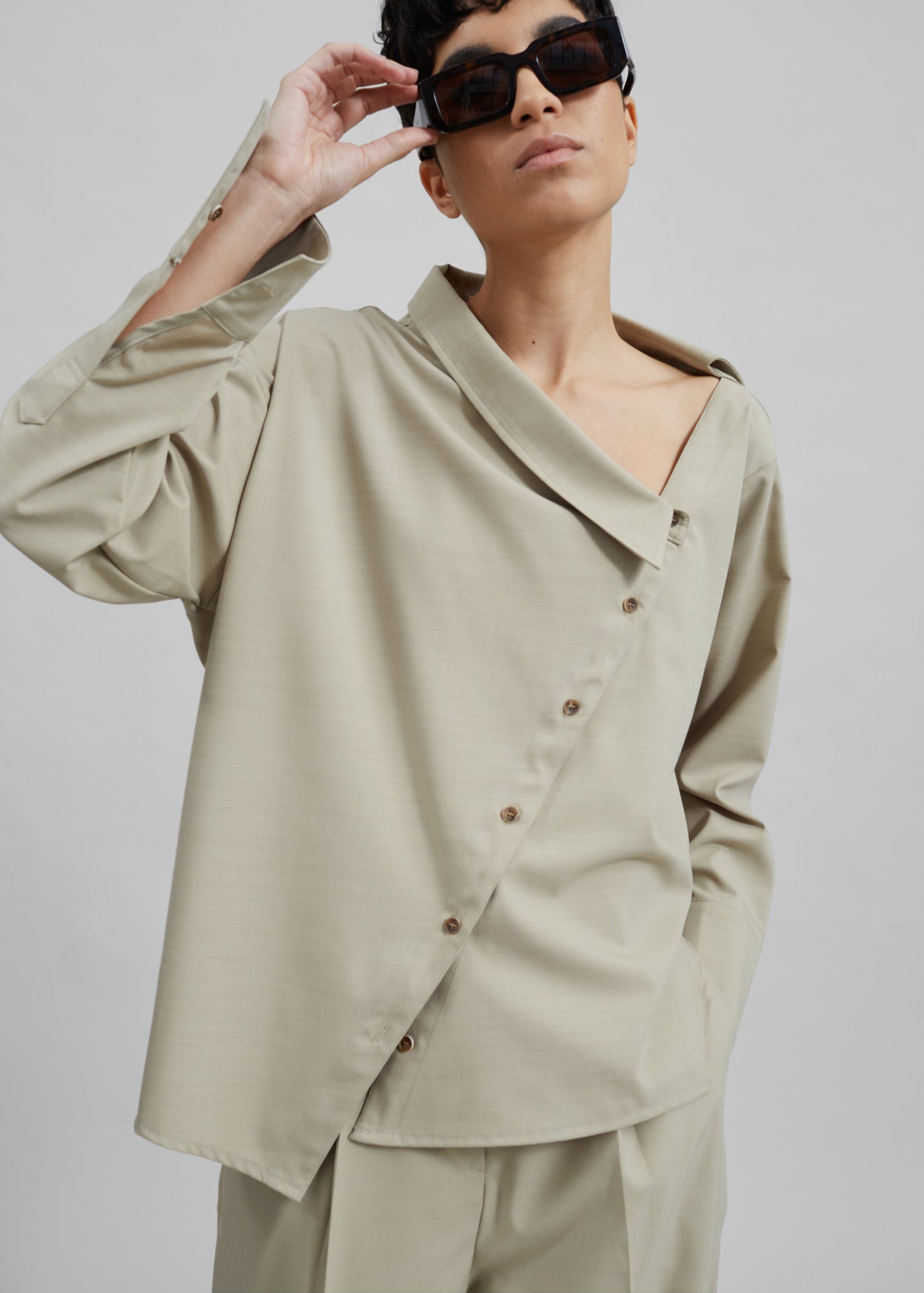 Roan Asymmetric Button Up Blouse - Beige