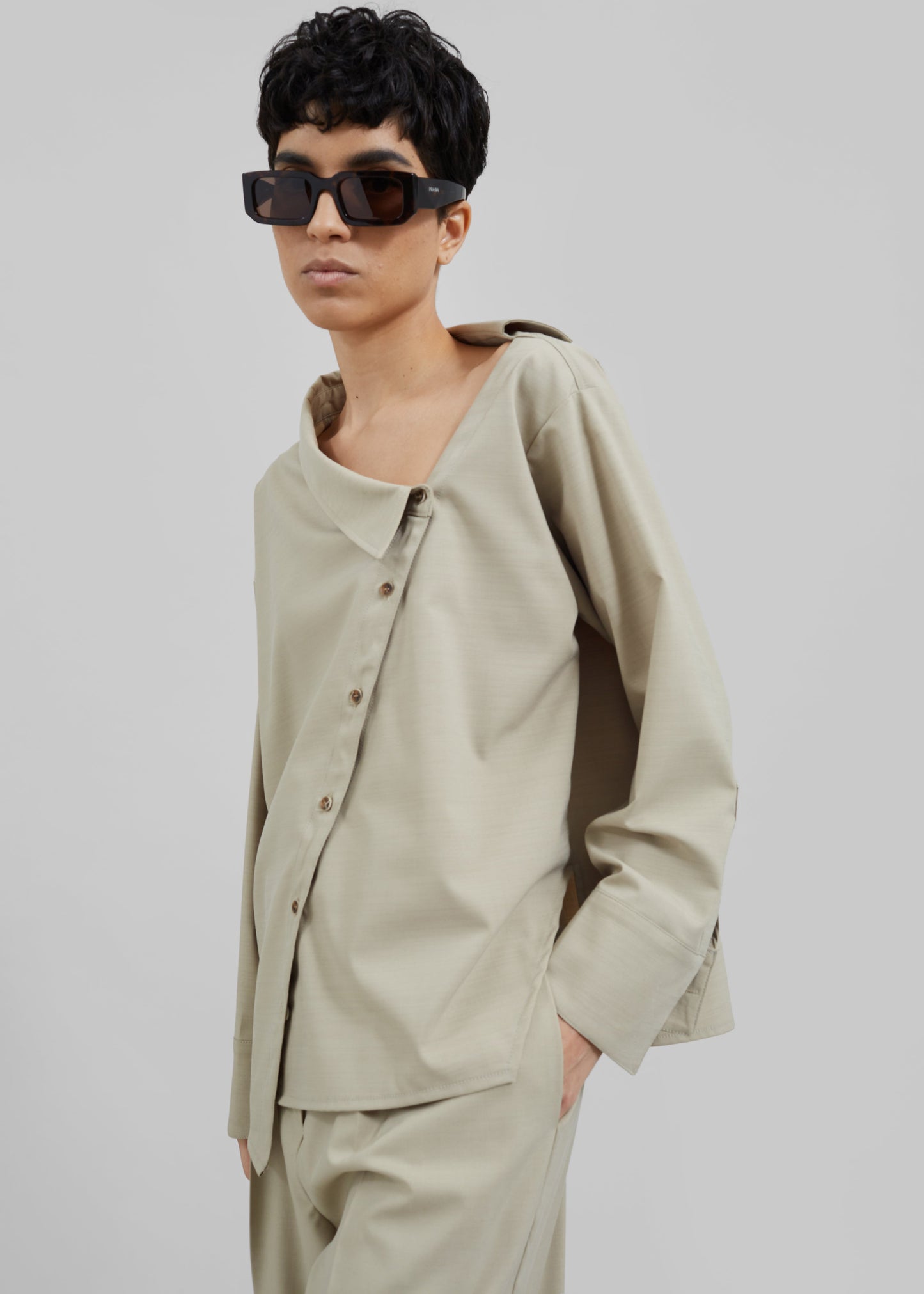 Roan Asymmetric Button Up Blouse - Beige