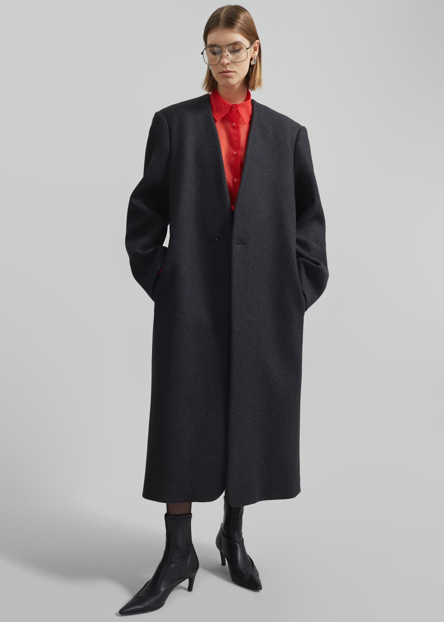 Sabel Collarless Wool Coat - Dark Grey Melange