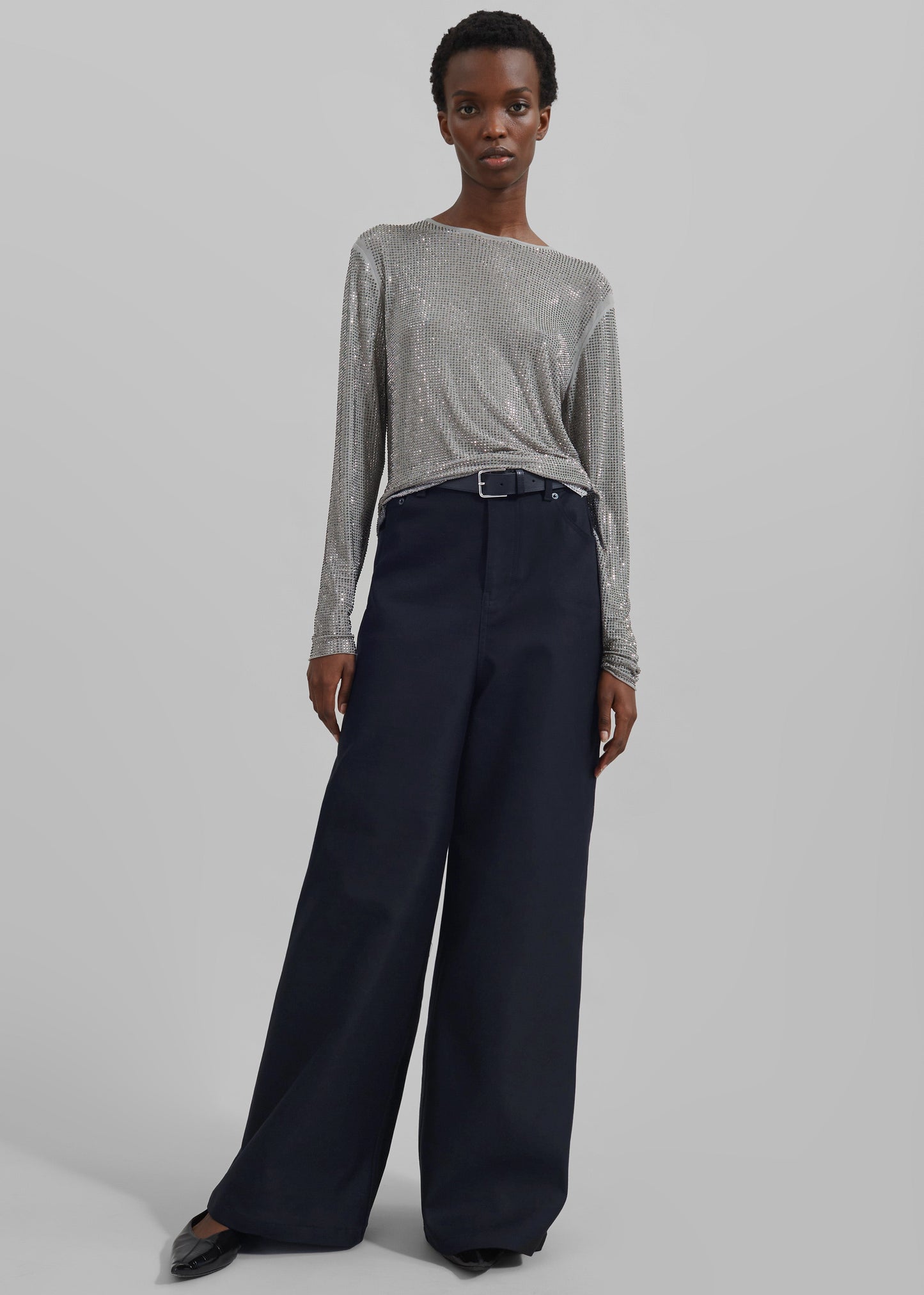 Sasha Wide Leg Twill Pants - Navy