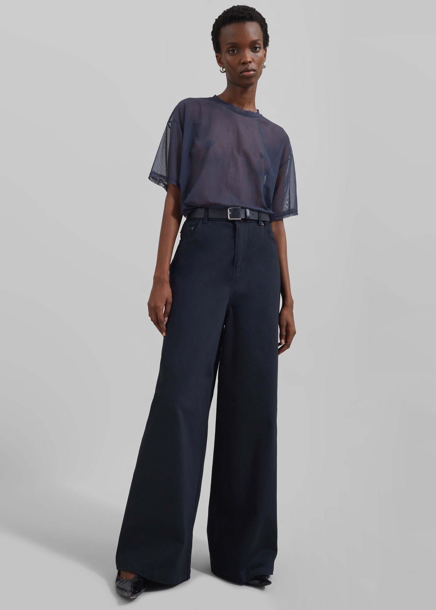 Sasha Wide Leg Twill Pants - Navy