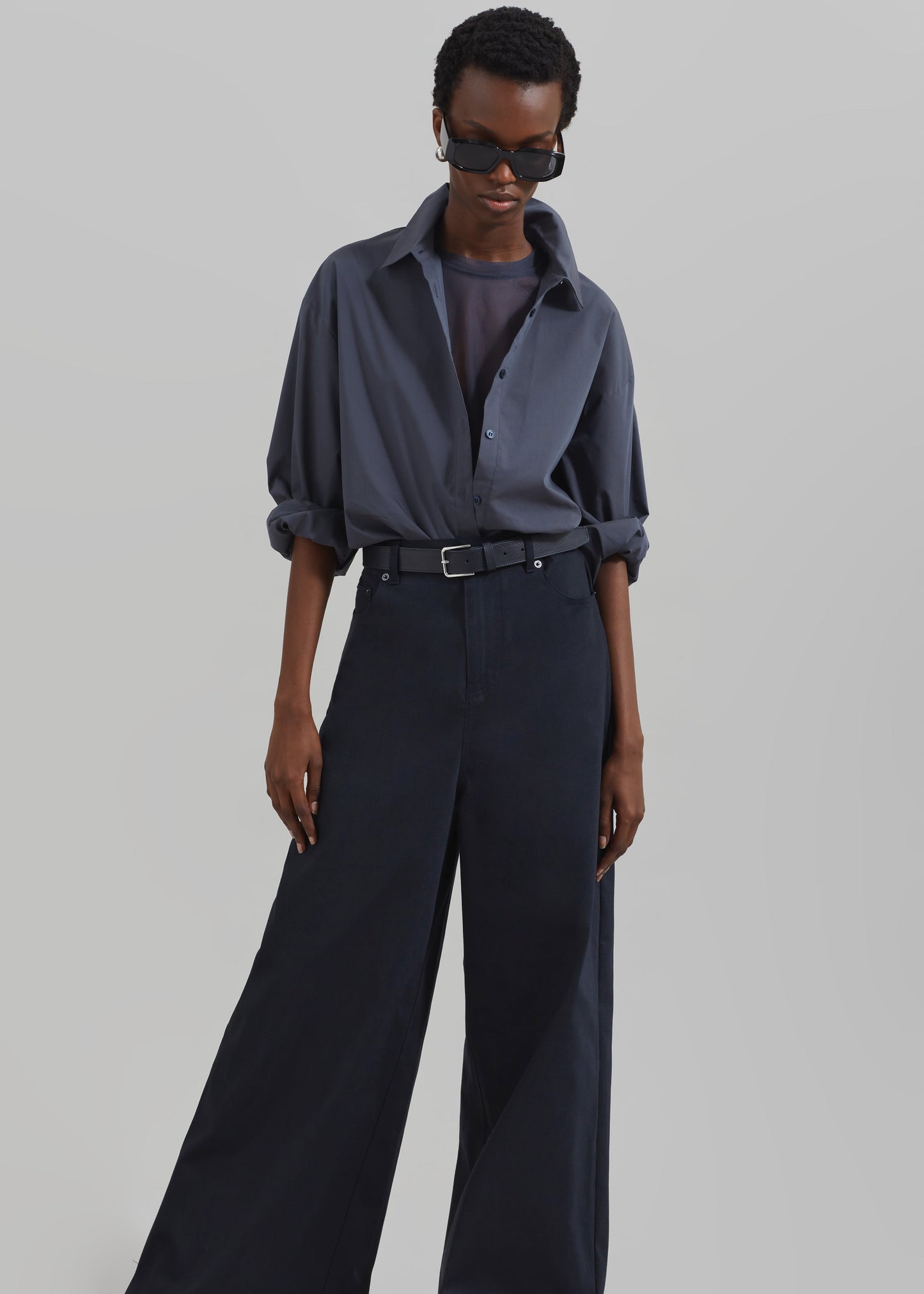 Sasha Wide Leg Twill Pants - Navy