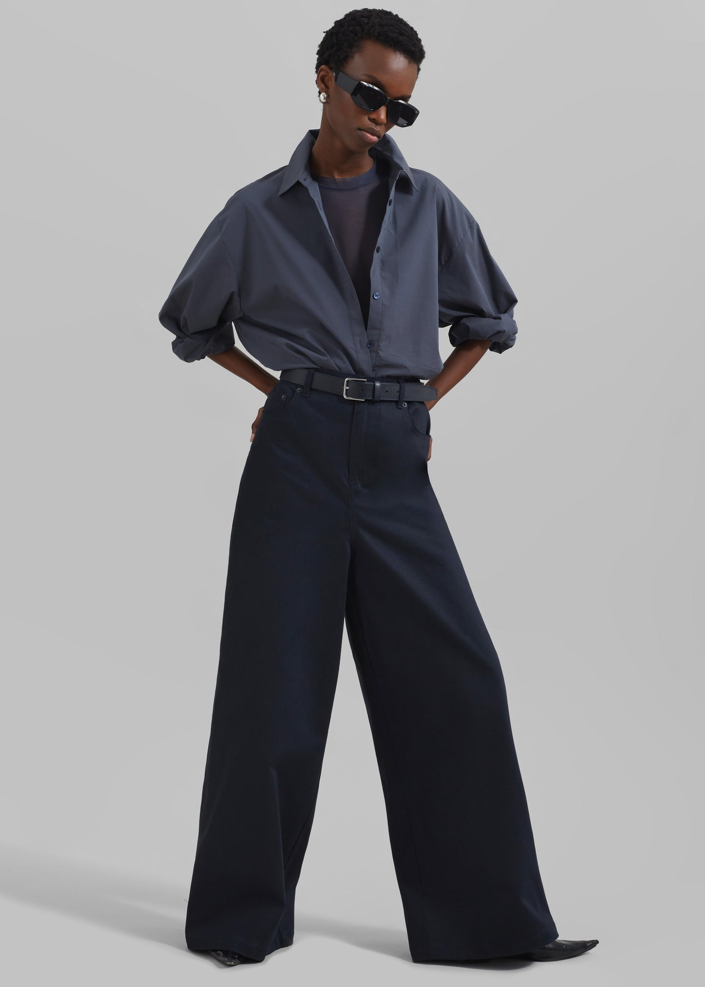 Sasha Wide Leg Twill Pants - Navy