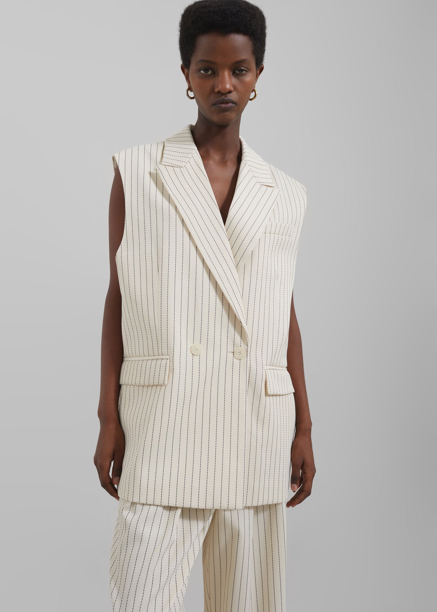 Shane Twill Double Breasted Vest - Light Beige/Black Pinstripe