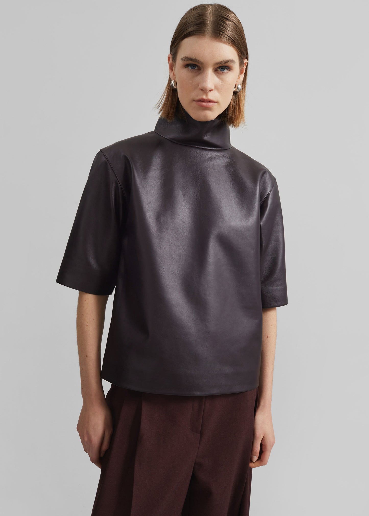 Shiloh Leather Mock Neck Top - Dark Plum