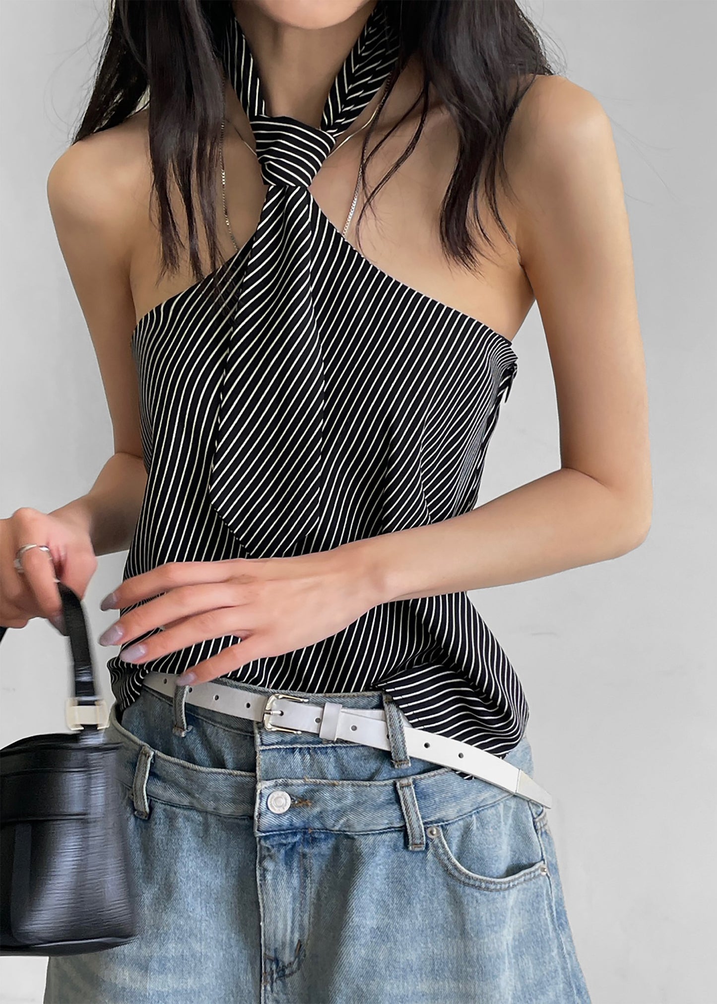 Sophie Tie Halter Top - Black/White Stripe