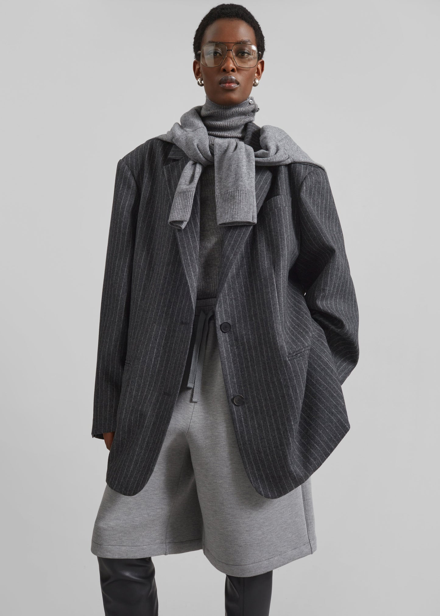 Stora Oversized Wool Blazer - Grey/White Pinstripe