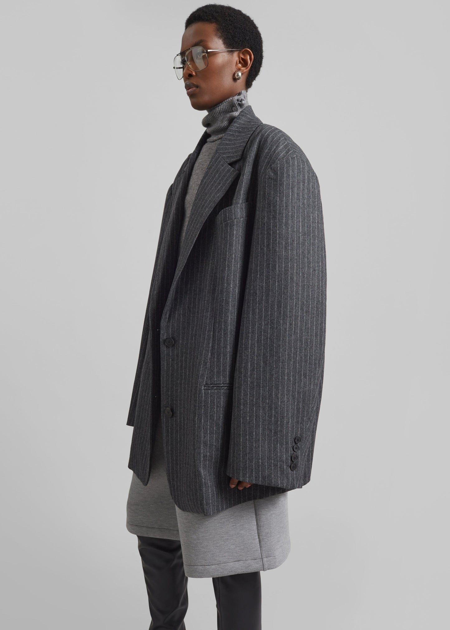 Stora Oversized Wool Blazer - Grey/White Pinstripe