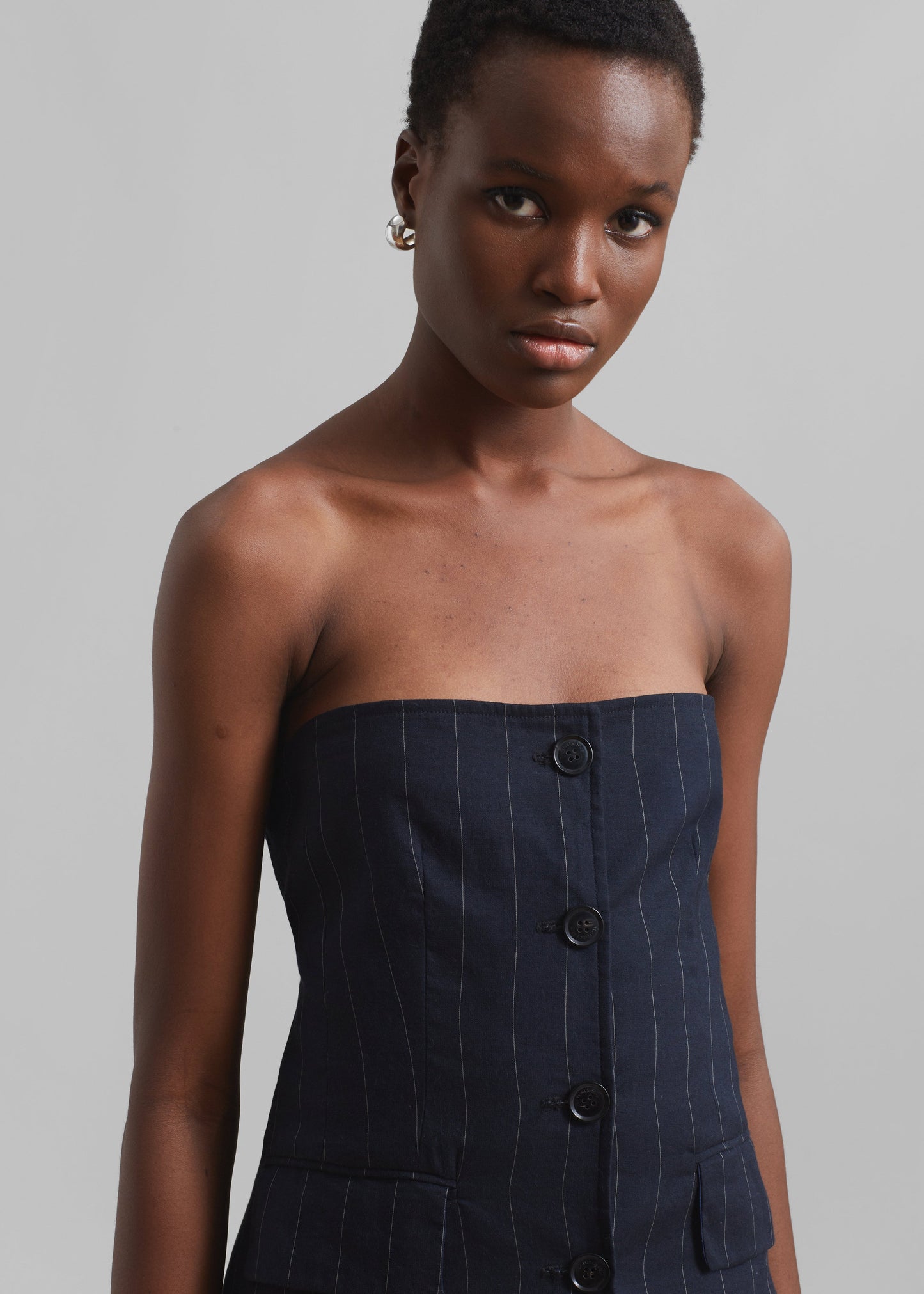 Sunny Strapless Vest - Navy/Beige Pinstripe