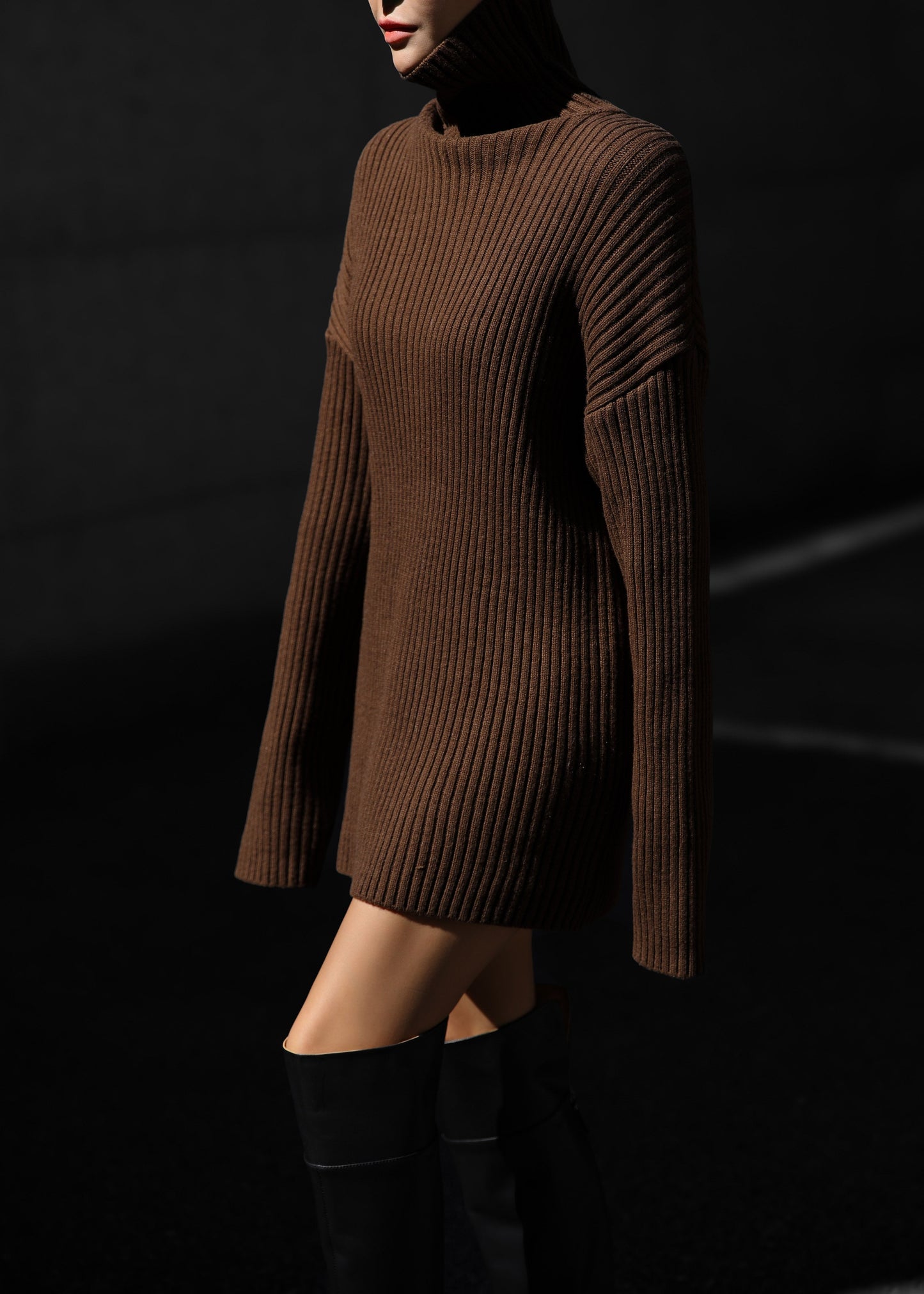 Thelma Ribbed Sweater Dress - Brown