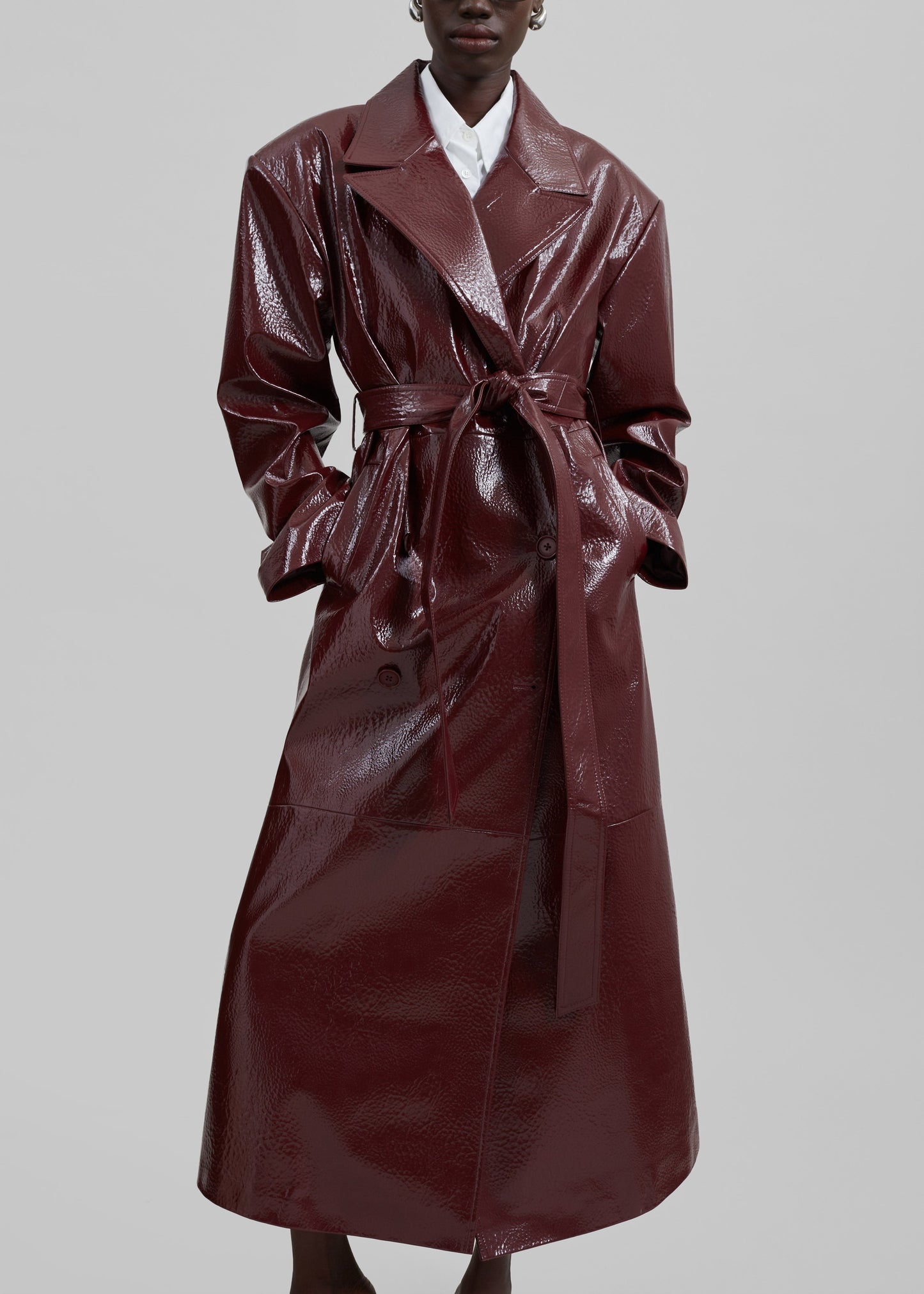 Tina Crackled Faux Leather Trench Coat - Burgundy