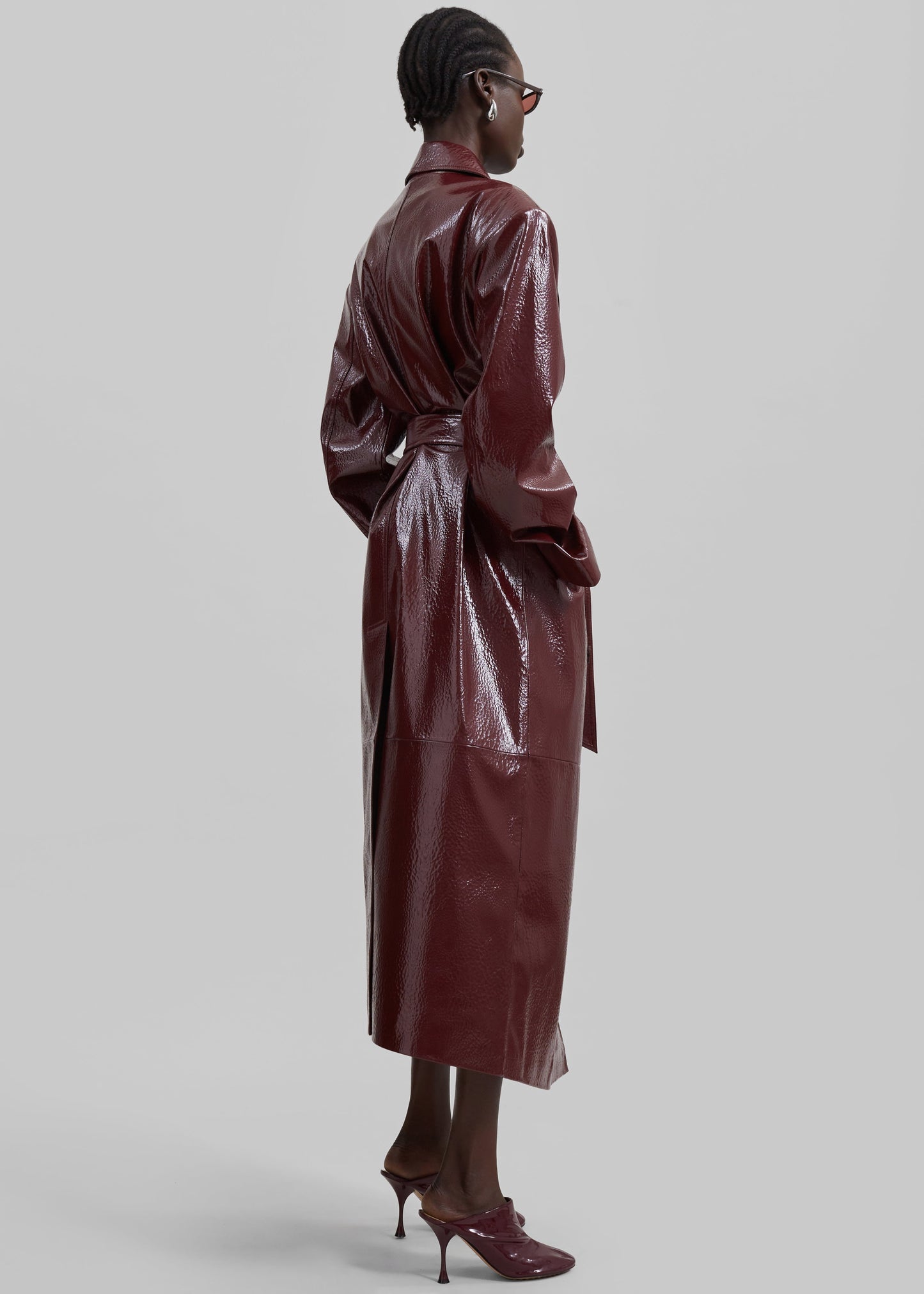 Tina Crackled Faux Leather Trench Coat - Burgundy