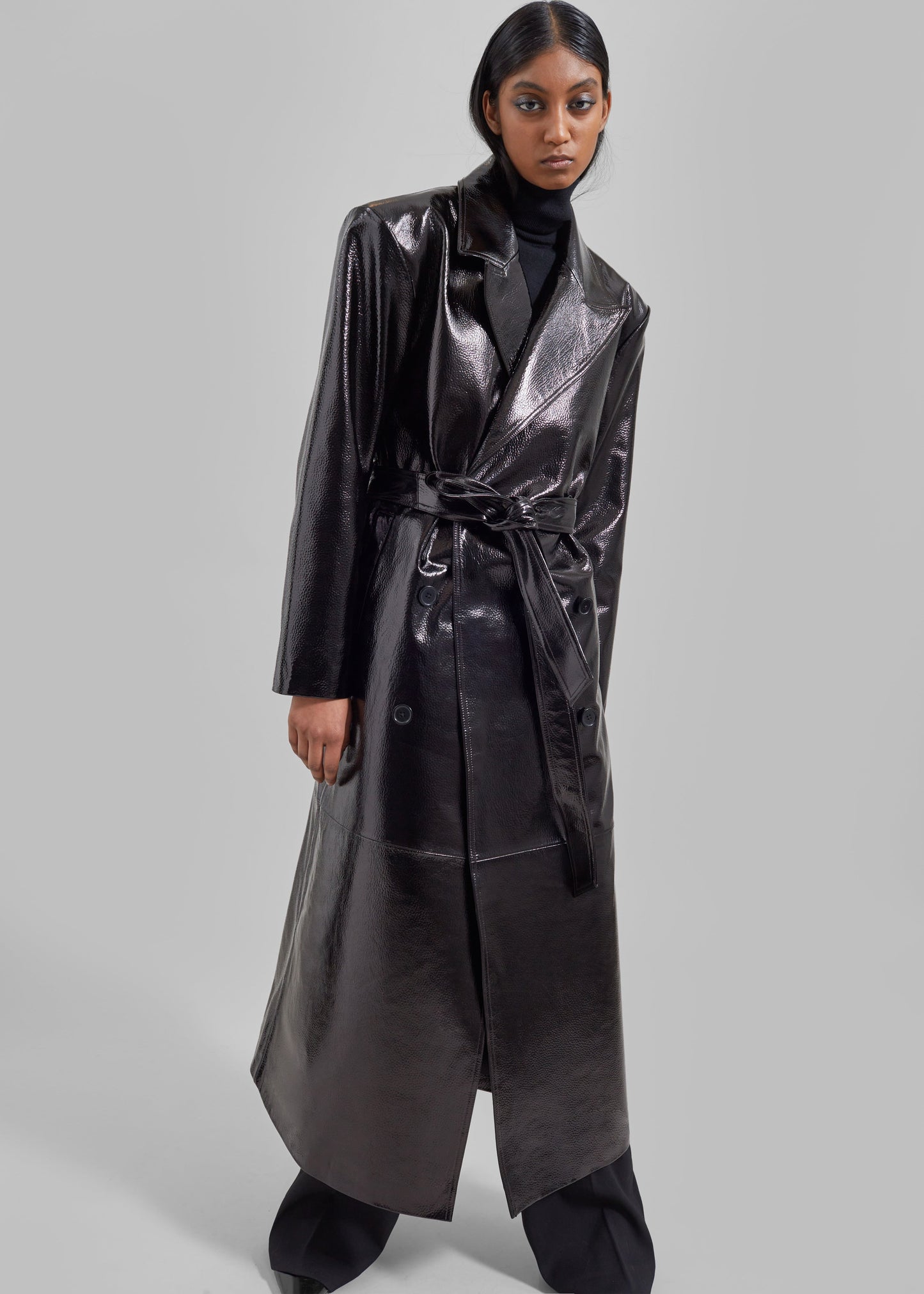 Tina Crackled Faux Leather Trench Coat - Black