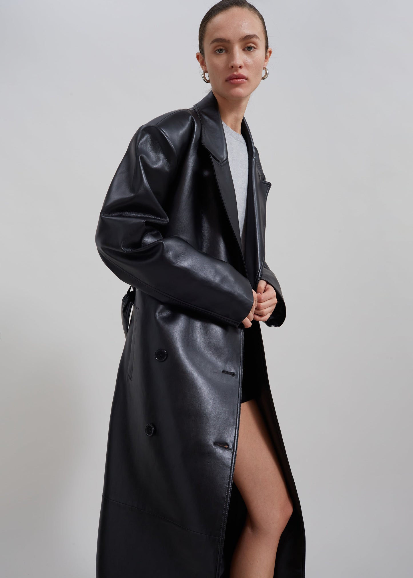 Tina Faux Leather Trench Coat - Black