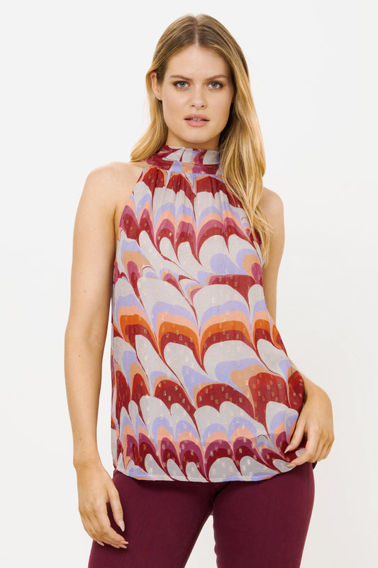 Sleeveless Tie Neck Top- Venice Cognac