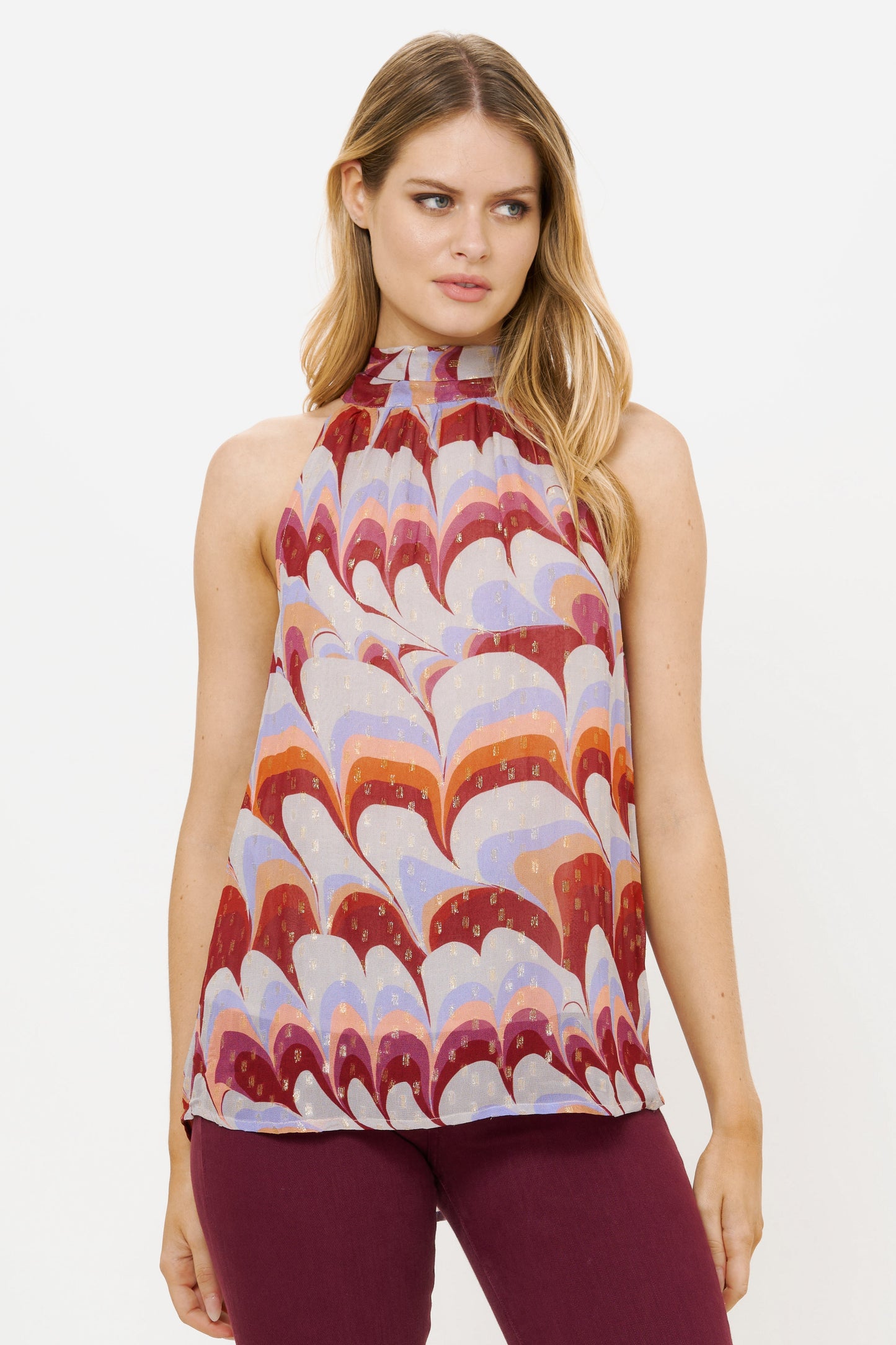 Sleeveless Tie Neck Top- Venice Cognac