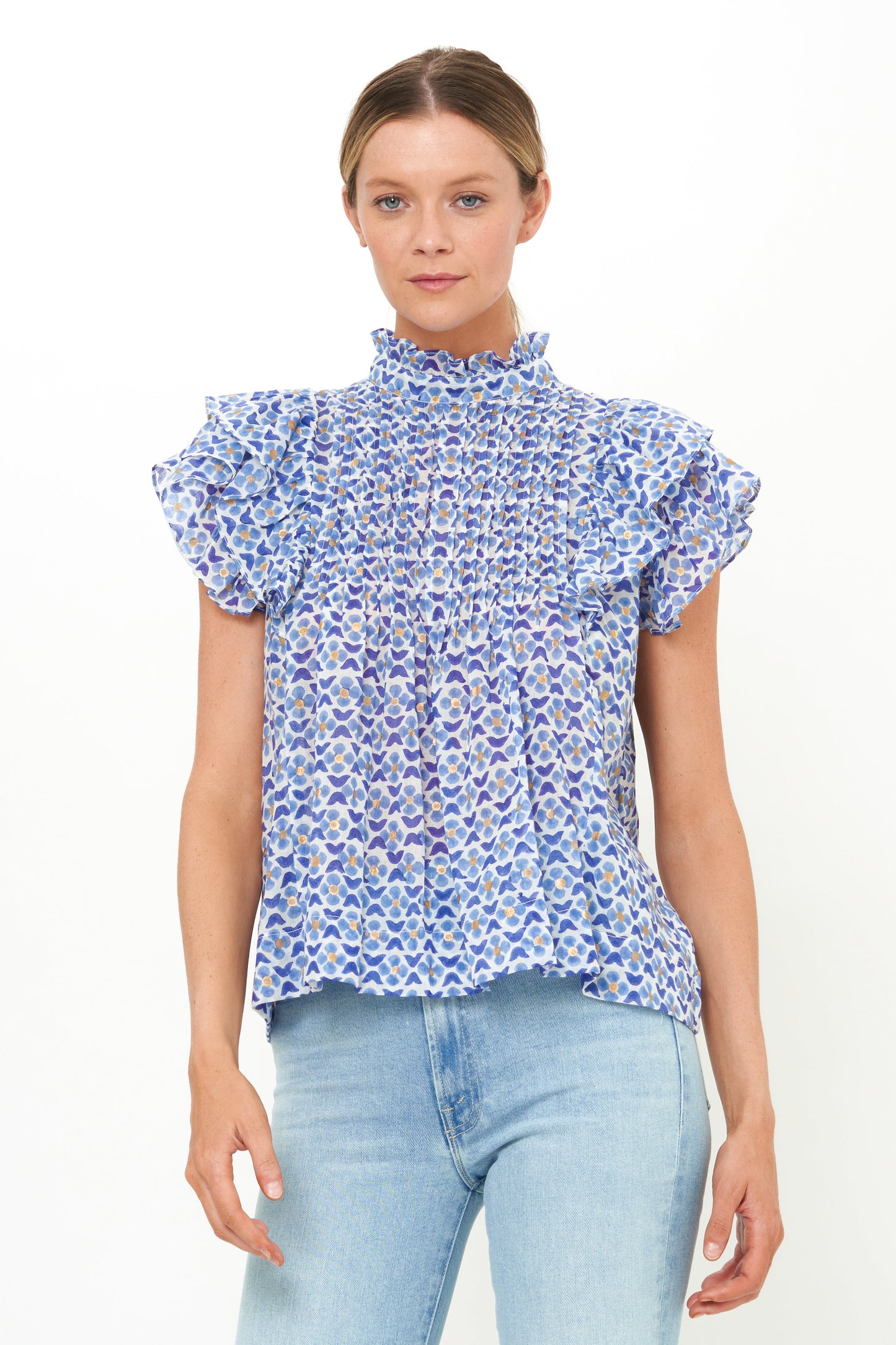 Pintuck Ruffle Top- Veranda Blue