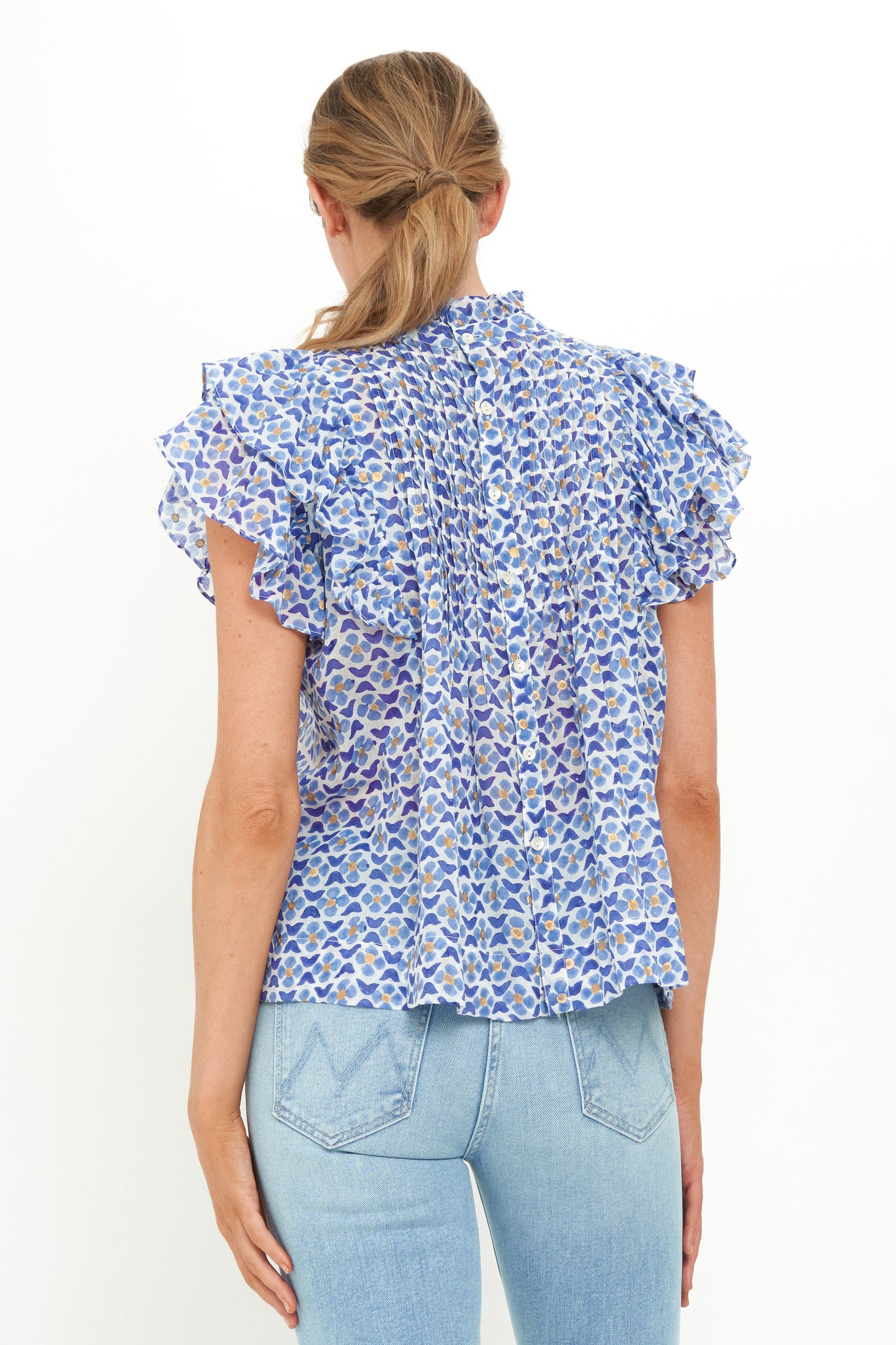 Pintuck Ruffle Top- Veranda Blue