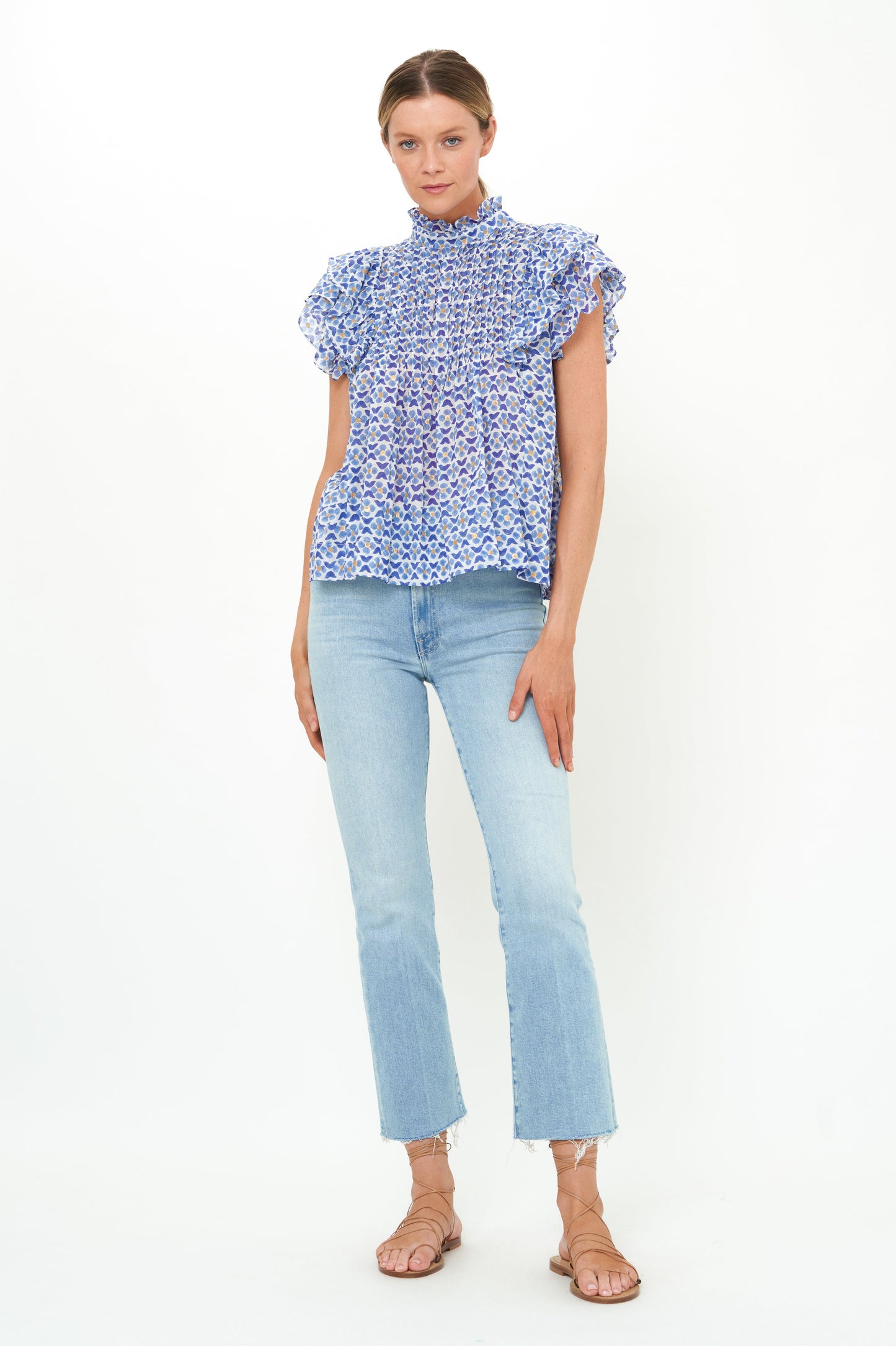 Pintuck Ruffle Top- Veranda Blue