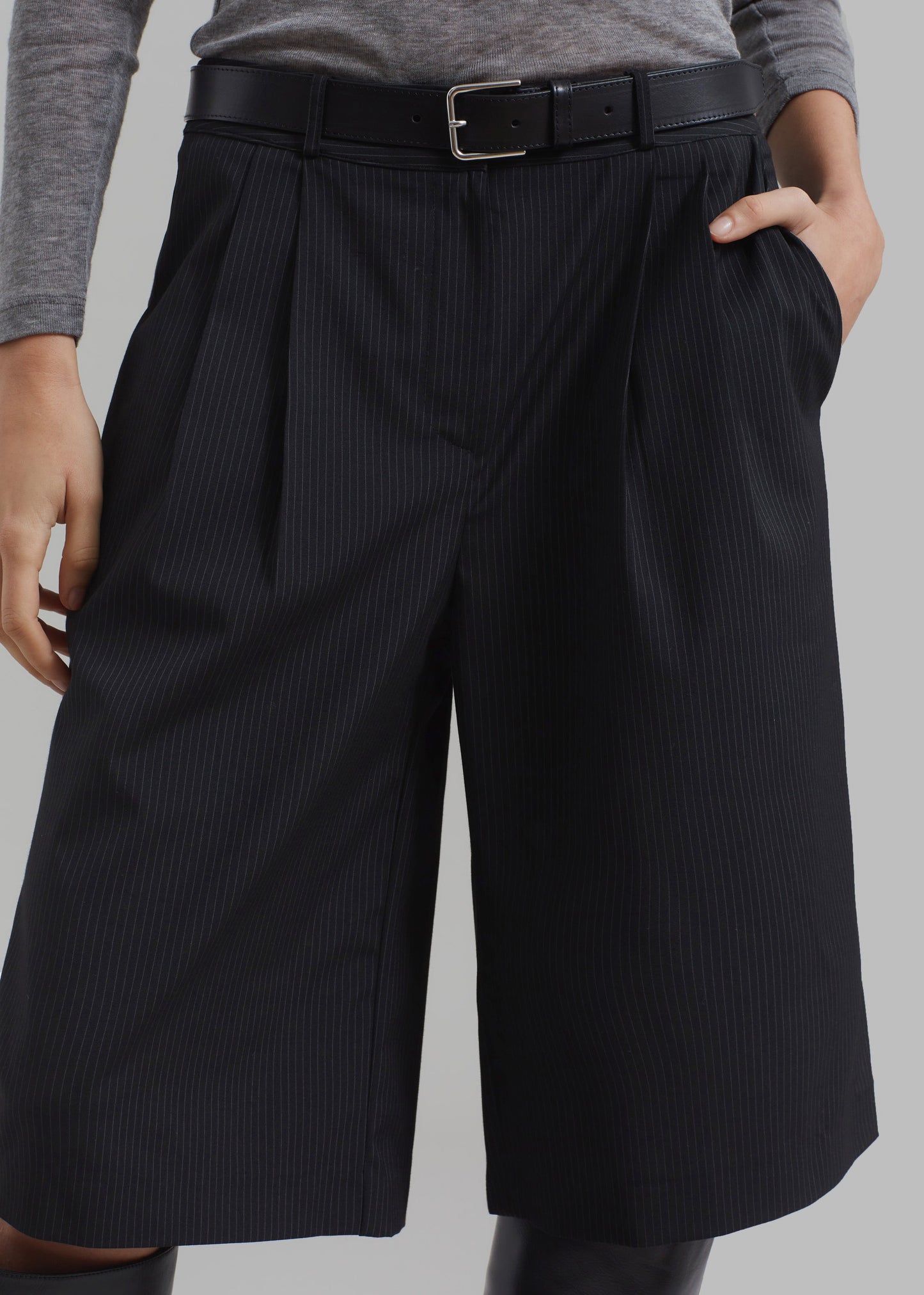 Wilma Pleated Bermuda Shorts - Black Pinstripe