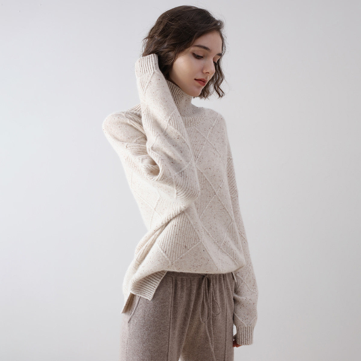 100% Cashmere Cozy Diamond Knit Turtleneck Sweater