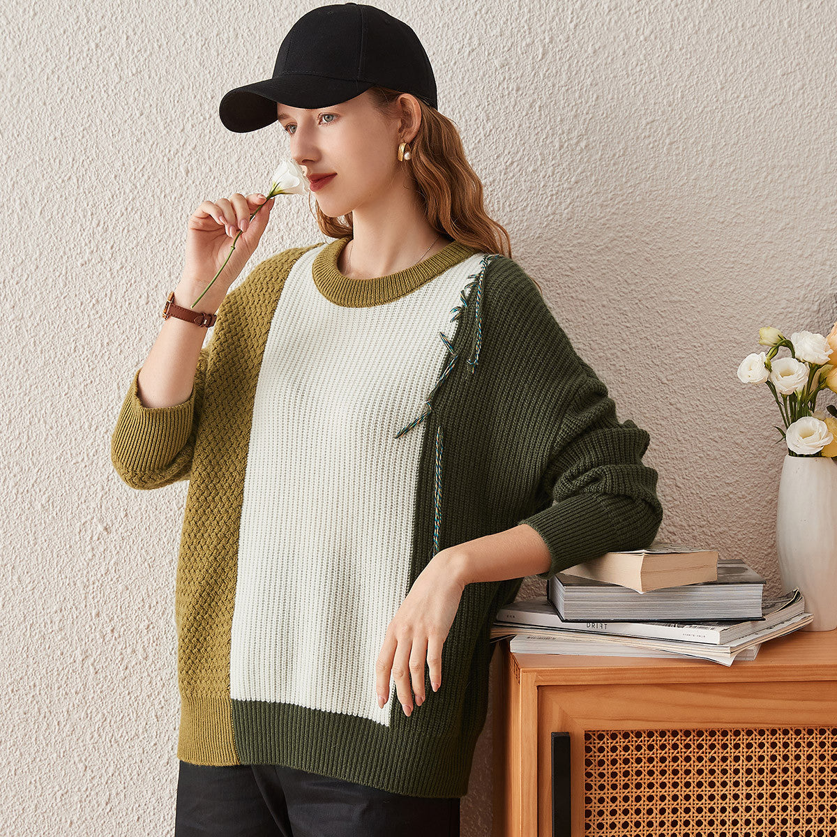 100% Cashmere Color Block Oversized Knit Sweater