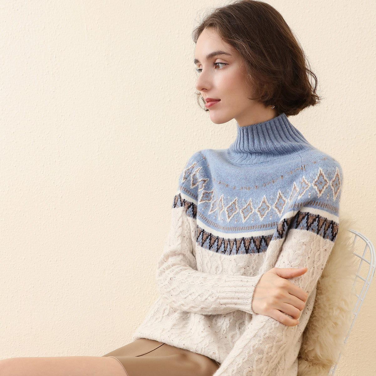 100% Cashmere Mock Neck Nordic Cable Knit Sweater