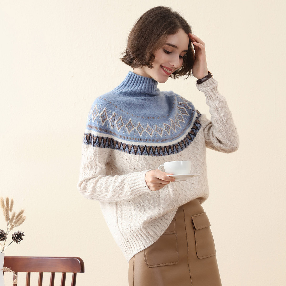 100% Cashmere Mock Neck Nordic Cable Knit Sweater