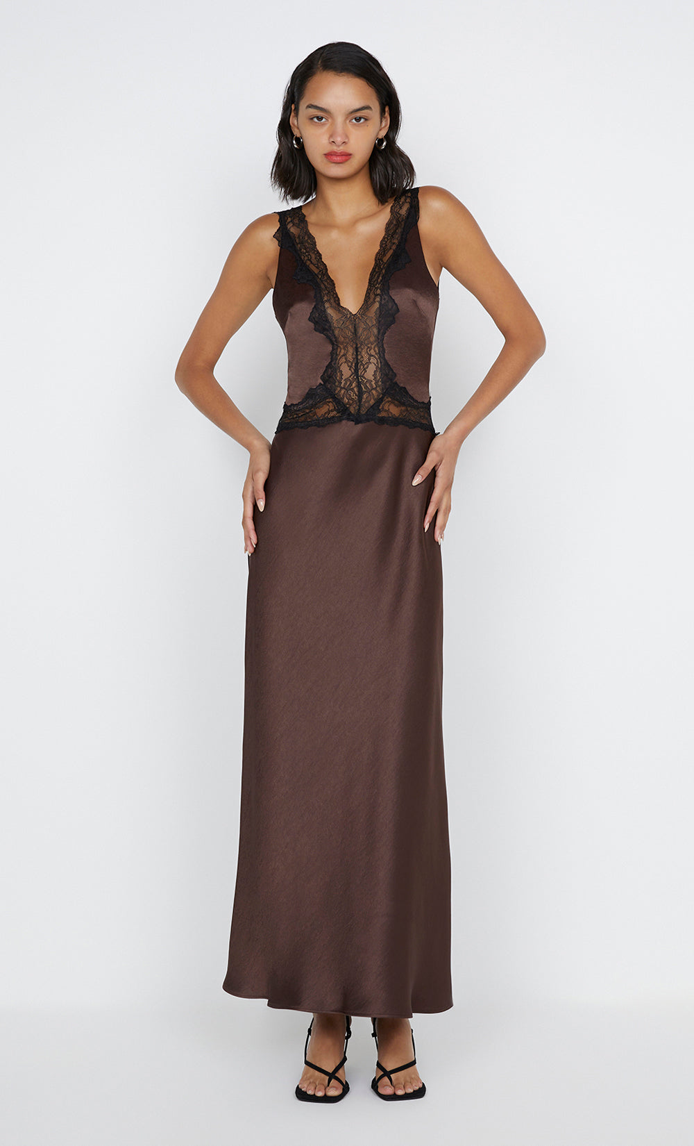 ALLEGRA LACE TRIM DRESS - DARK CHOCOLATE/BLACK