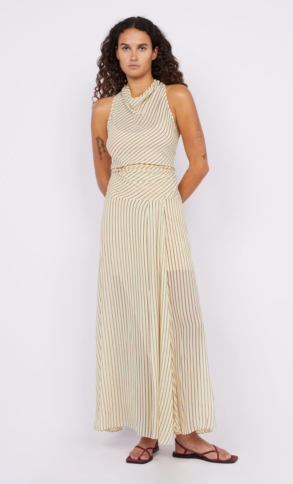 ANISE HIGH NECK DRESS - BUTTER/PLUM STRIPE