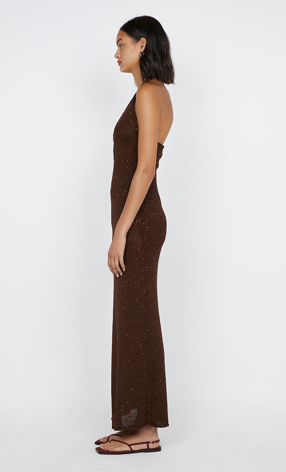 DELFINA SEQUIN HALTER MIDI DRESS - CHOCOLATE