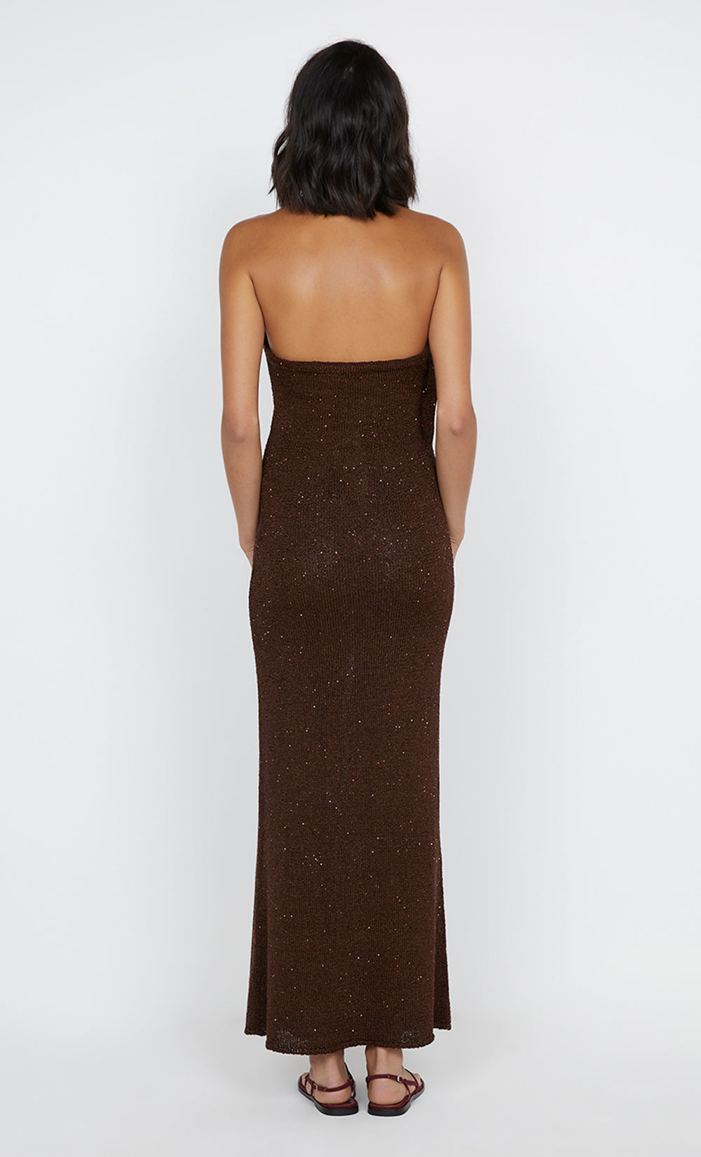 DELFINA SEQUIN HALTER MIDI DRESS - CHOCOLATE